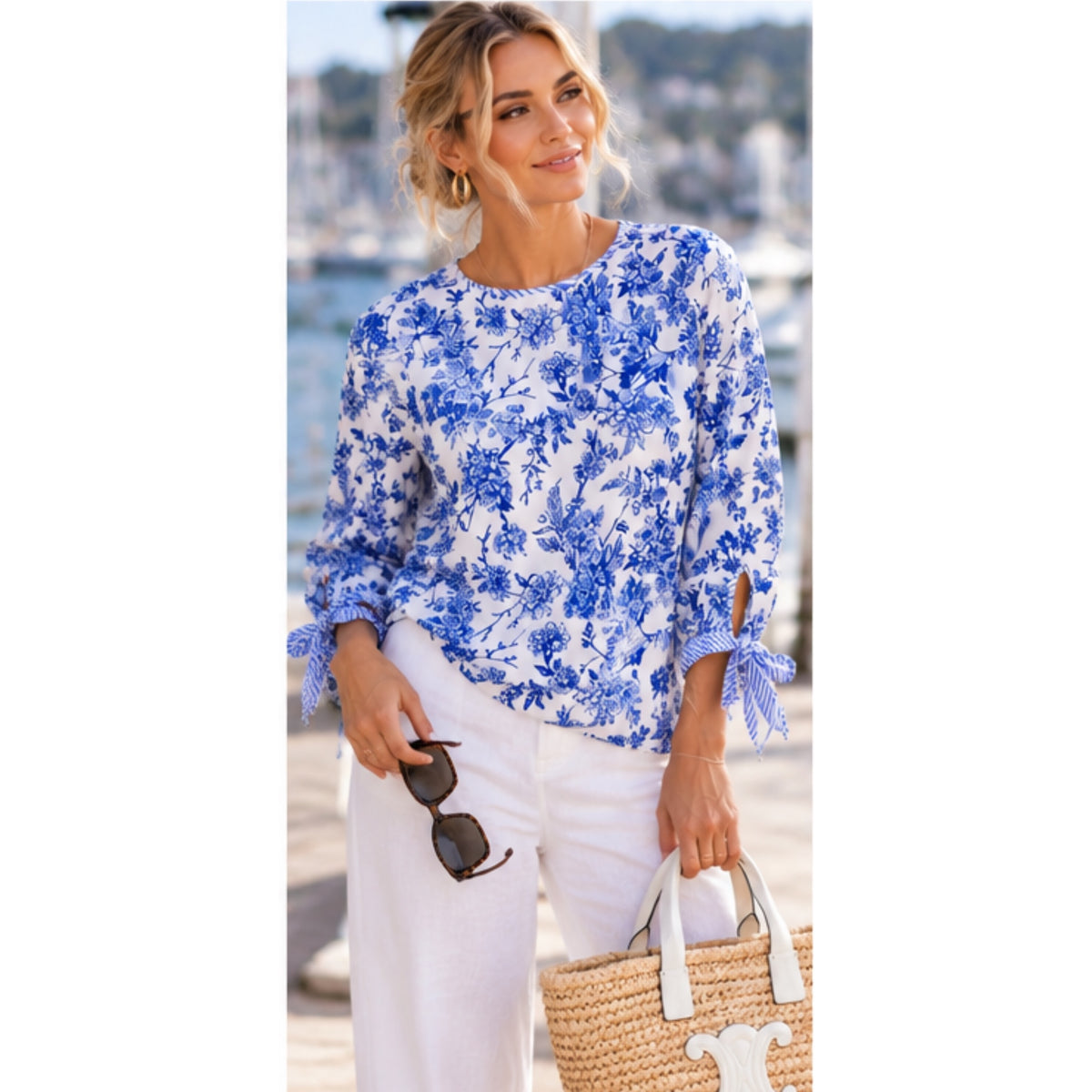 Coastal Chic Vintage Floral Print Blouse with Bow Sleeves Navy & Ivory