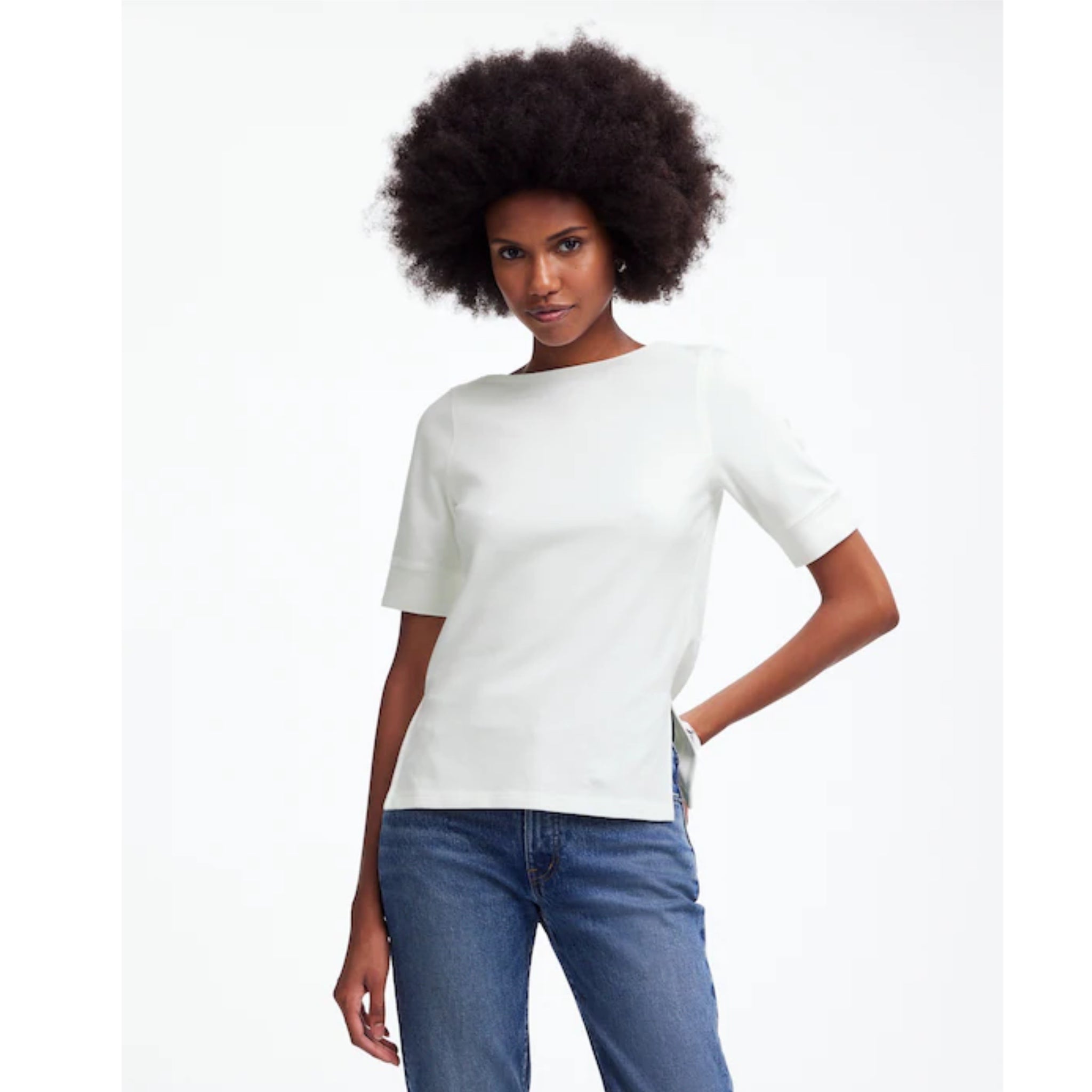 Madewell Boatneck T-Shirt Cotton Stretch Elbow Sleeve in White
