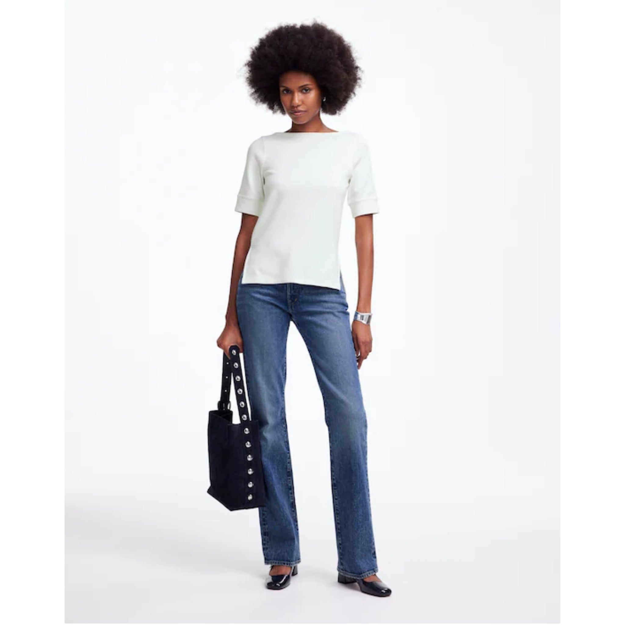 Madewell Boatneck T-Shirt Cotton Stretch Elbow Sleeve in White