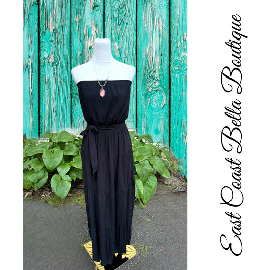 Elegant Off-Shoulder Ruffle Dress in Midnight Black Tie Waist Design Maxi