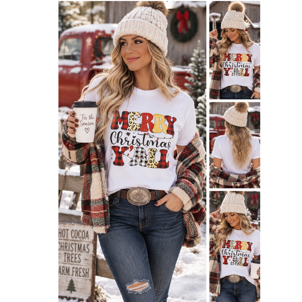 Merry Christmas Y'all Leopard Print Graphic White Oversized Cotton T Shirt