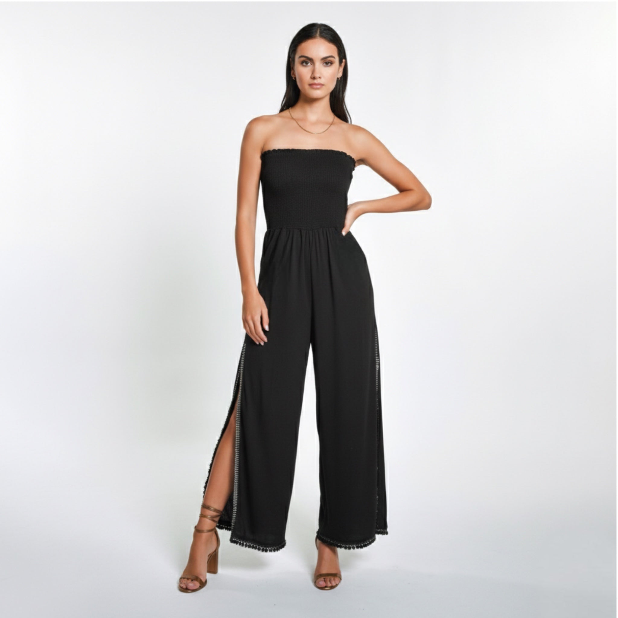 PEIXOTO Harriet Strapless Smocked Jumpsuit w/Pockets in Classic Black