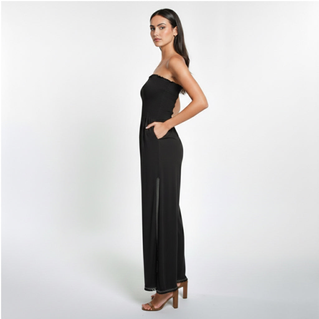 PEIXOTO Harriet Strapless Smocked Jumpsuit w/Pockets in Classic Black