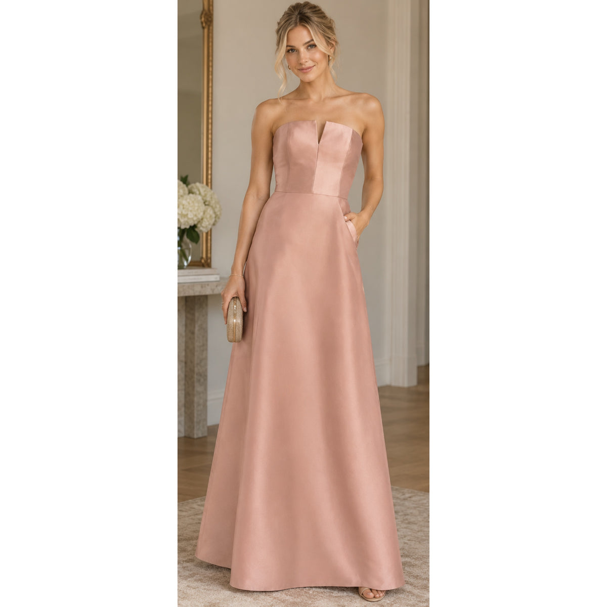 ALFRED SUNG D774 Formal Dress Long Gown Toasted Sugar Strapless Satin Twill