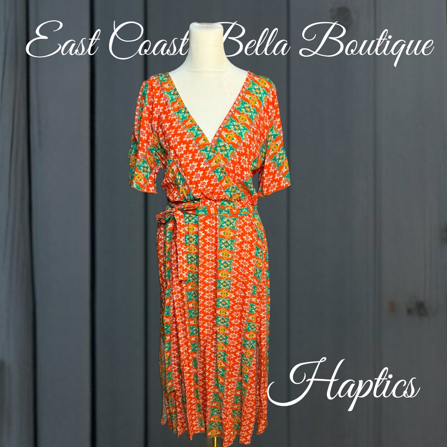 HAPTICS Orange Boho Print Surplice Sash Belt Midi Dress Short Sleeve