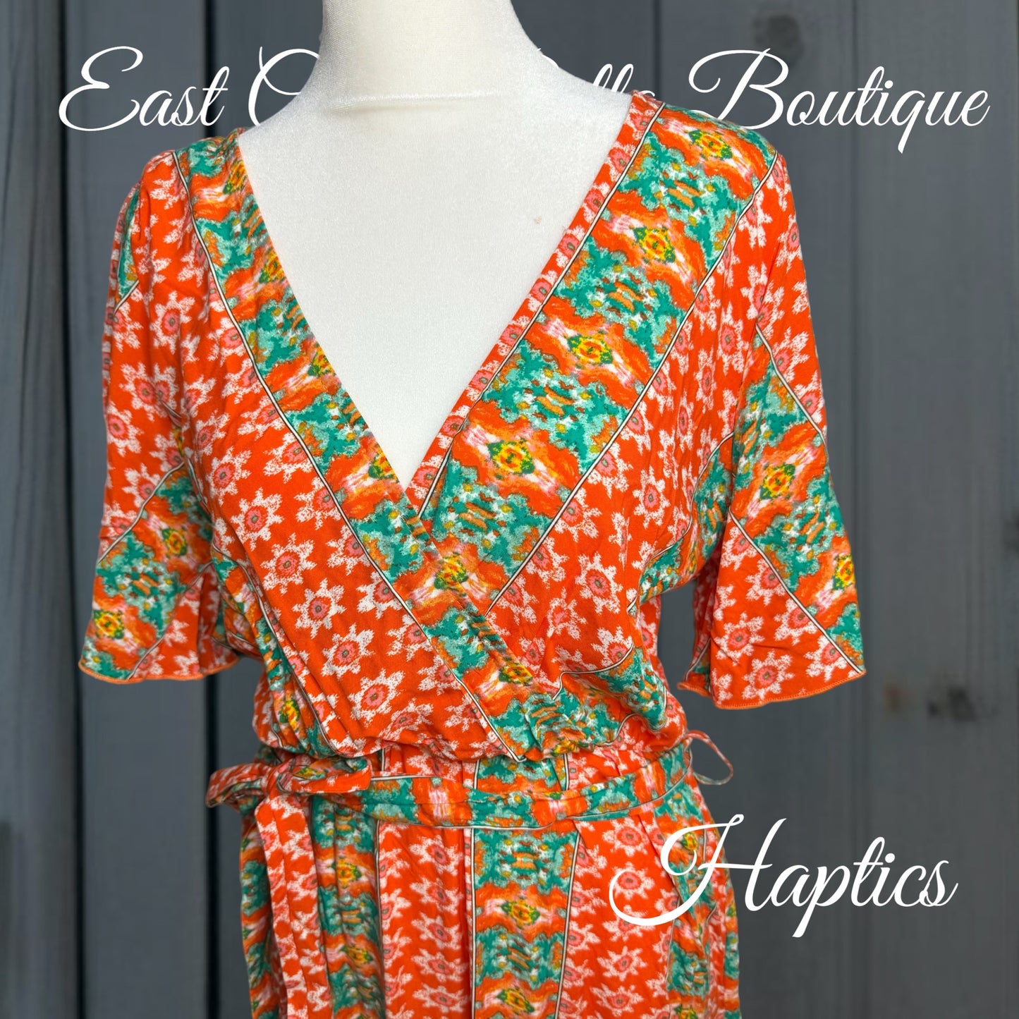 HAPTICS Orange Boho Print Surplice Sash Belt Midi Dress Short Sleeve