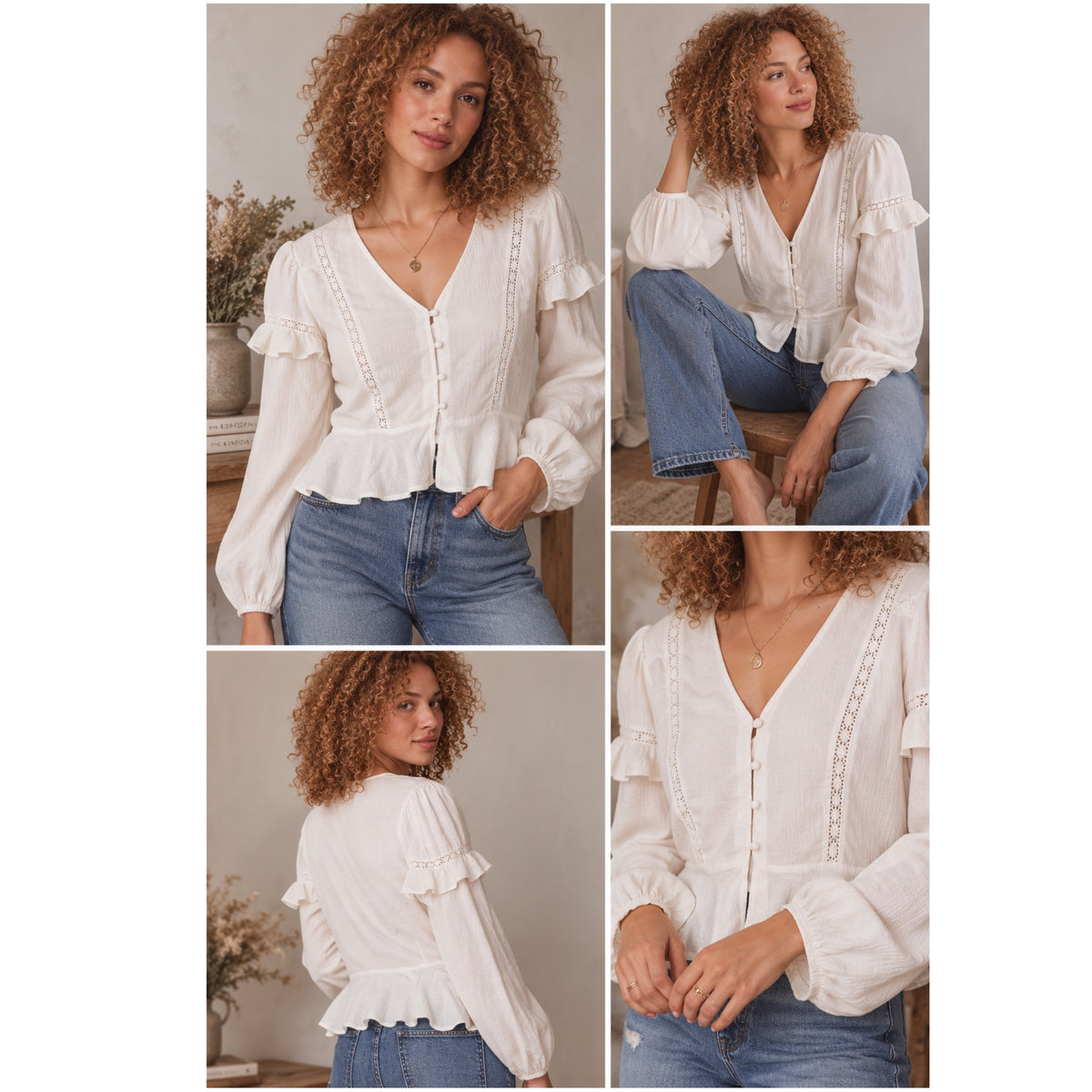 B.O.G. Collective Sandy Cream Ruffle Long Sleeve Button Blouse Lace Inlets