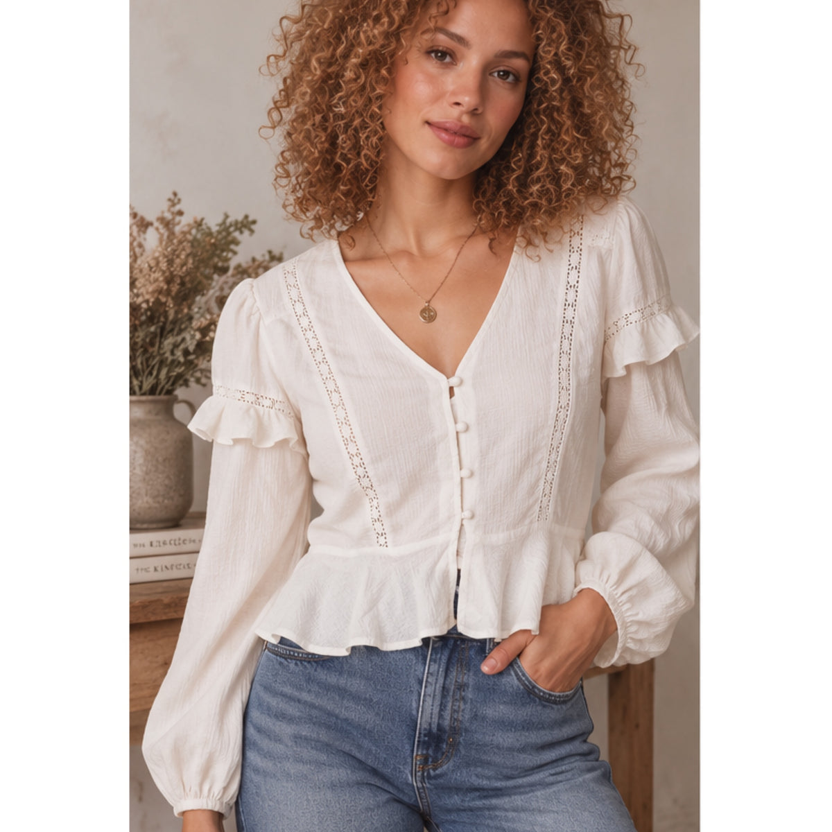 B.O.G. Collective Sandy Cream Ruffle Long Sleeve Button Blouse Lace Inlets