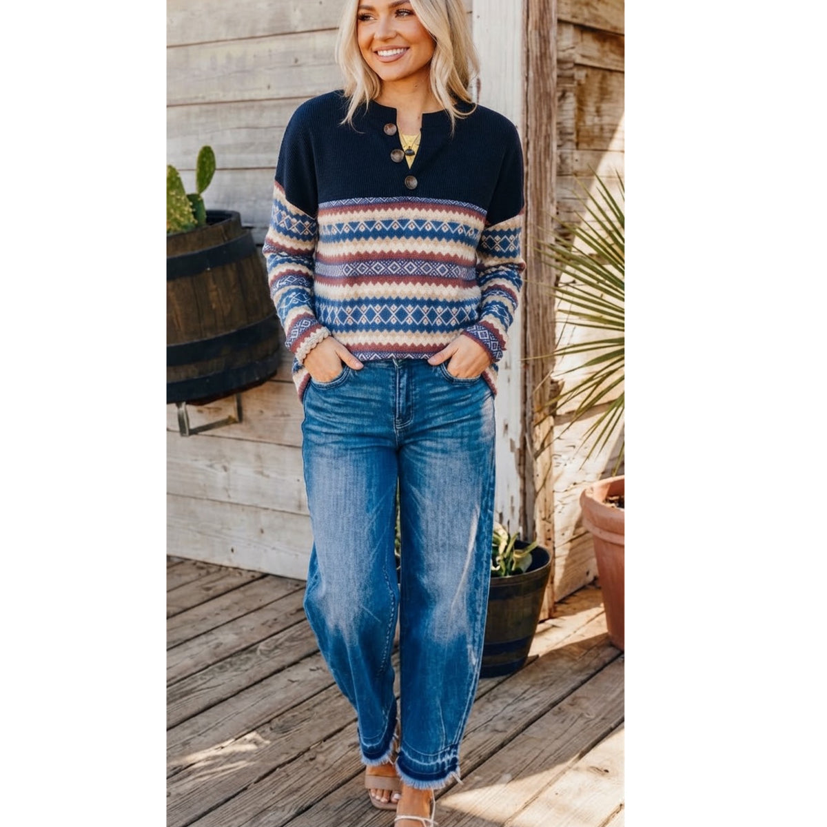 Southern Grace: The Sedona Sky Aztec Henley Pull Over Sweater Navy Multi