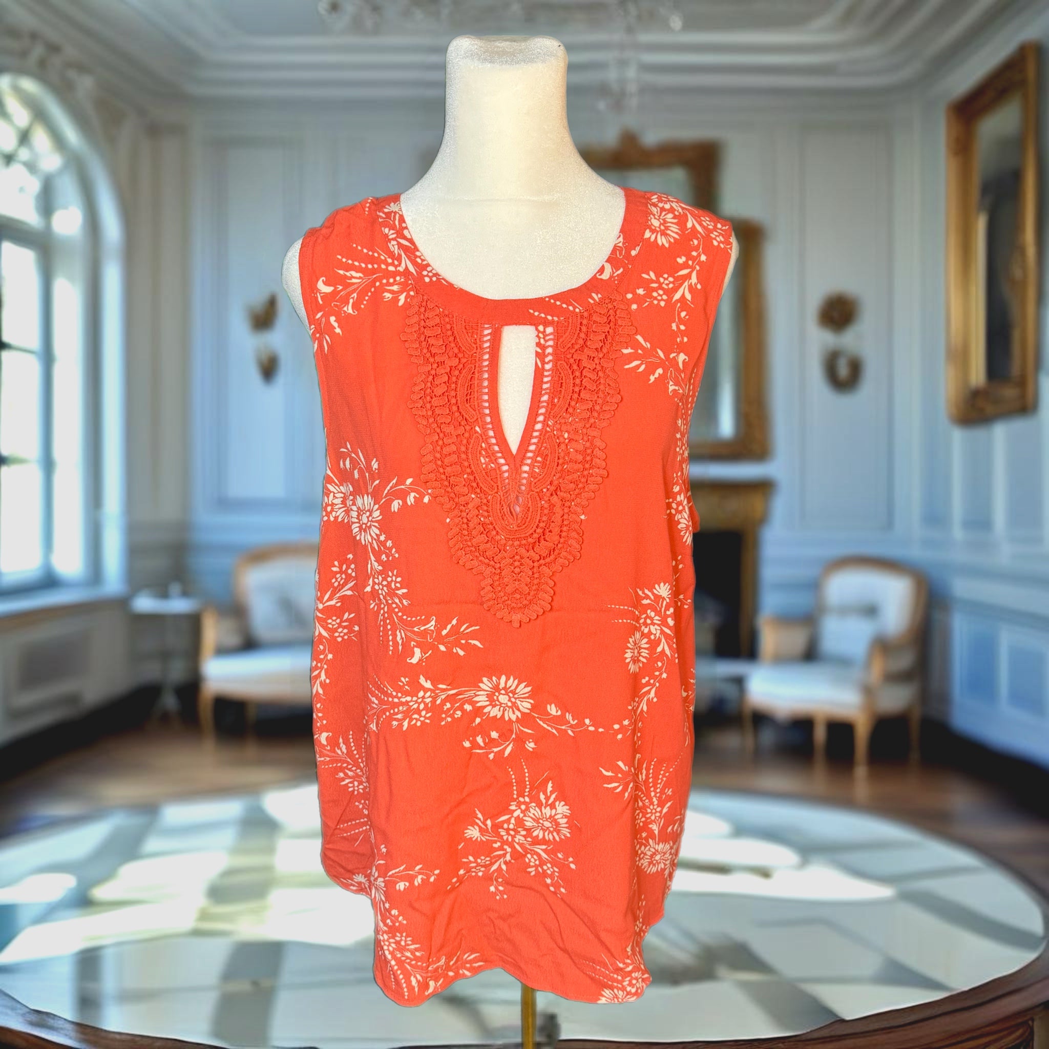 Daniel Rainn Floral Top Crochet Keyhole Sleeveless Blouse in Coral XL East Coast Bella Boutique