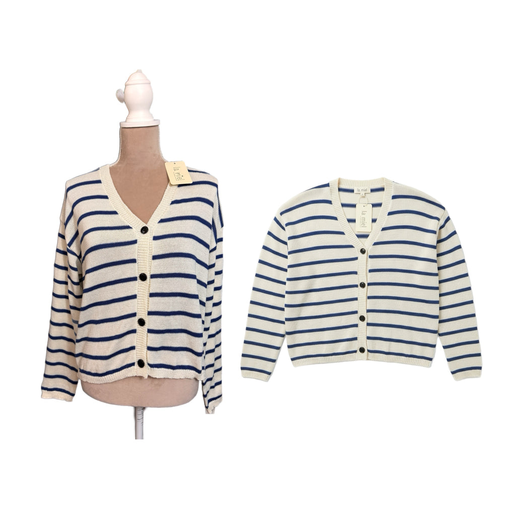La Miel Coastal Striped V-Neck Cardigan Sweater – Cream & Navy