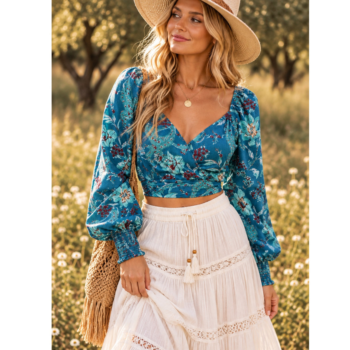 BAND OF THE FREE Sybille Teal Boho Floral Long Sleeve Crop Blouse