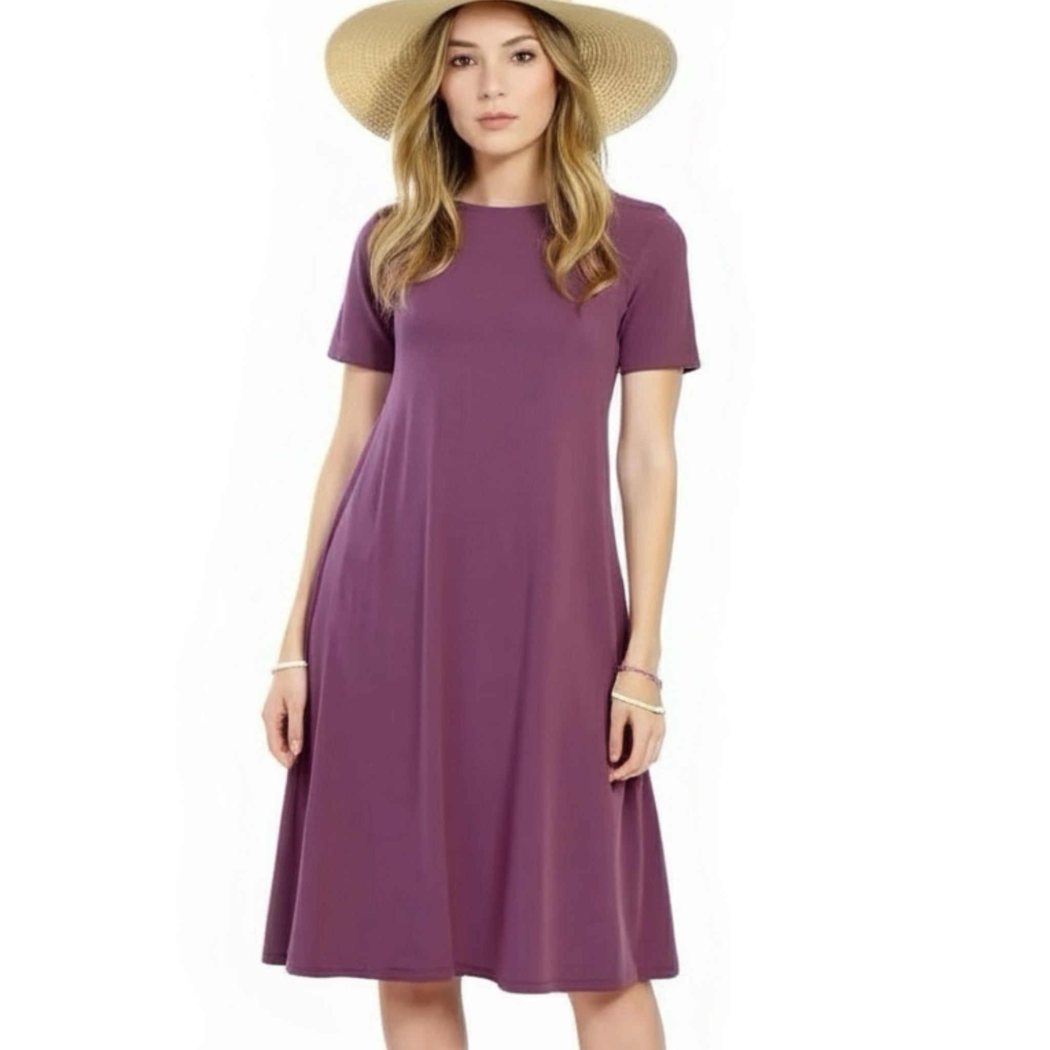 Zenana Casual Travelers Dress Women's Flare Short Sleeve Eggplant