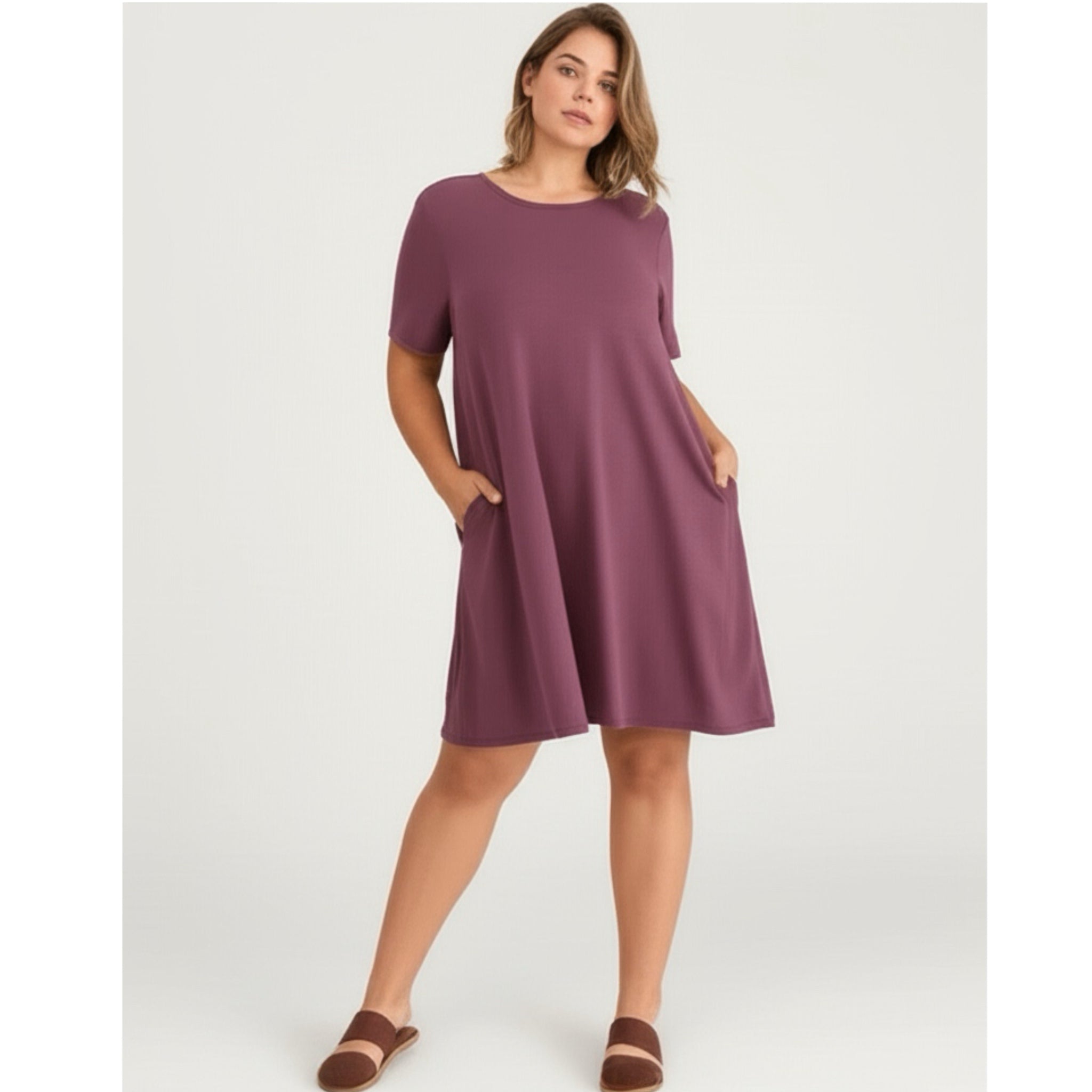 Zenana Casual Travelers Dress Women's Flare Short Sleeve Eggplant