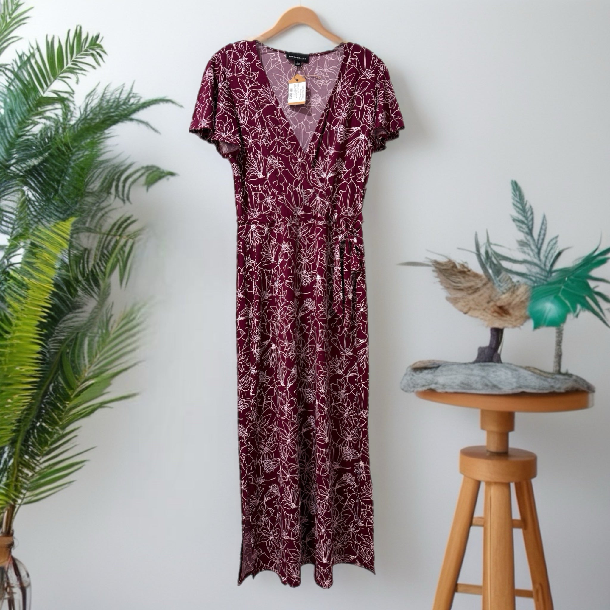 FORTUNE & IVY Stitch Fix Stretchy Knit Maxi Dress Short Sleeve Faux Wrap