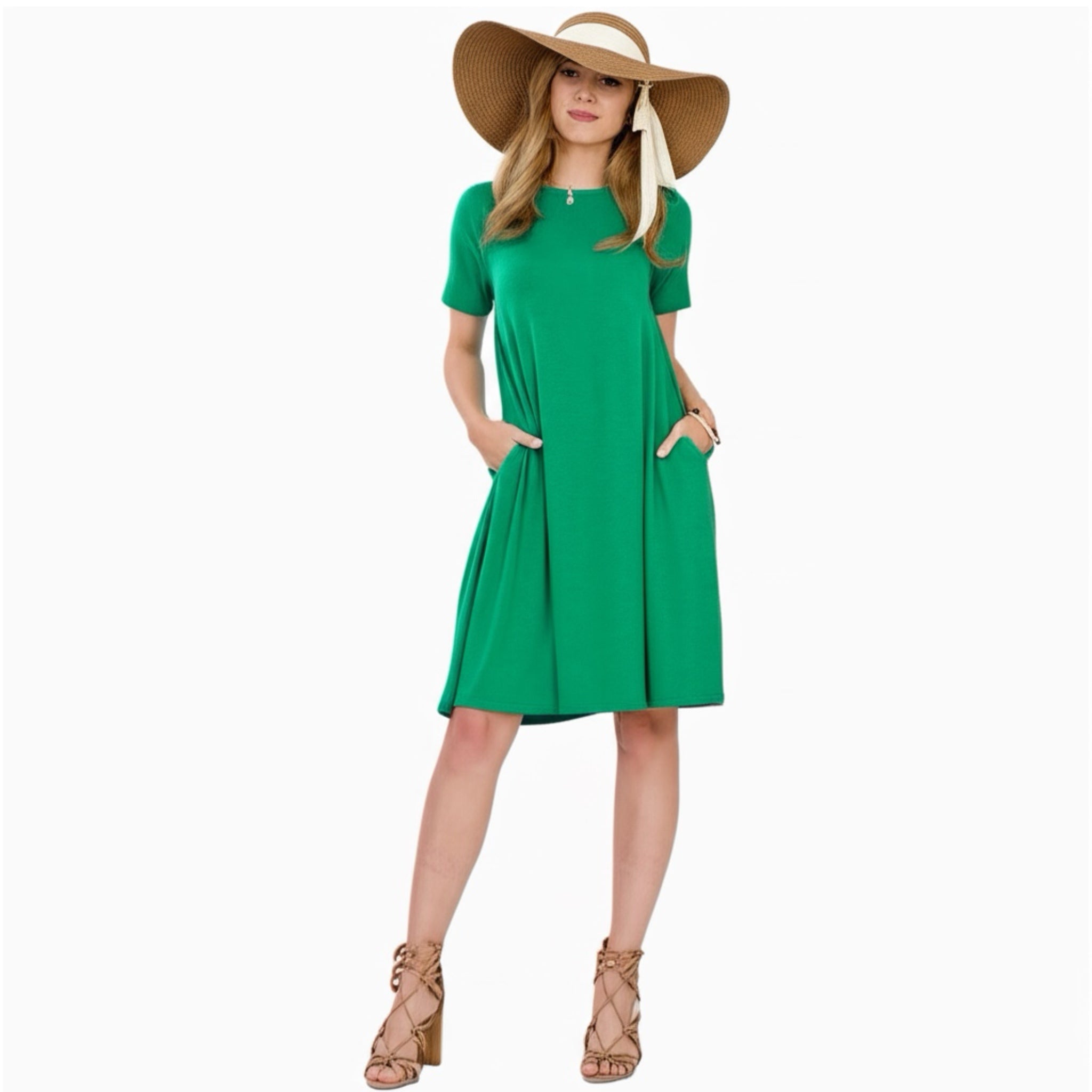 Zenana Premium Casual Travelers Dress Women's Flare Short Sleeve Kelly Green