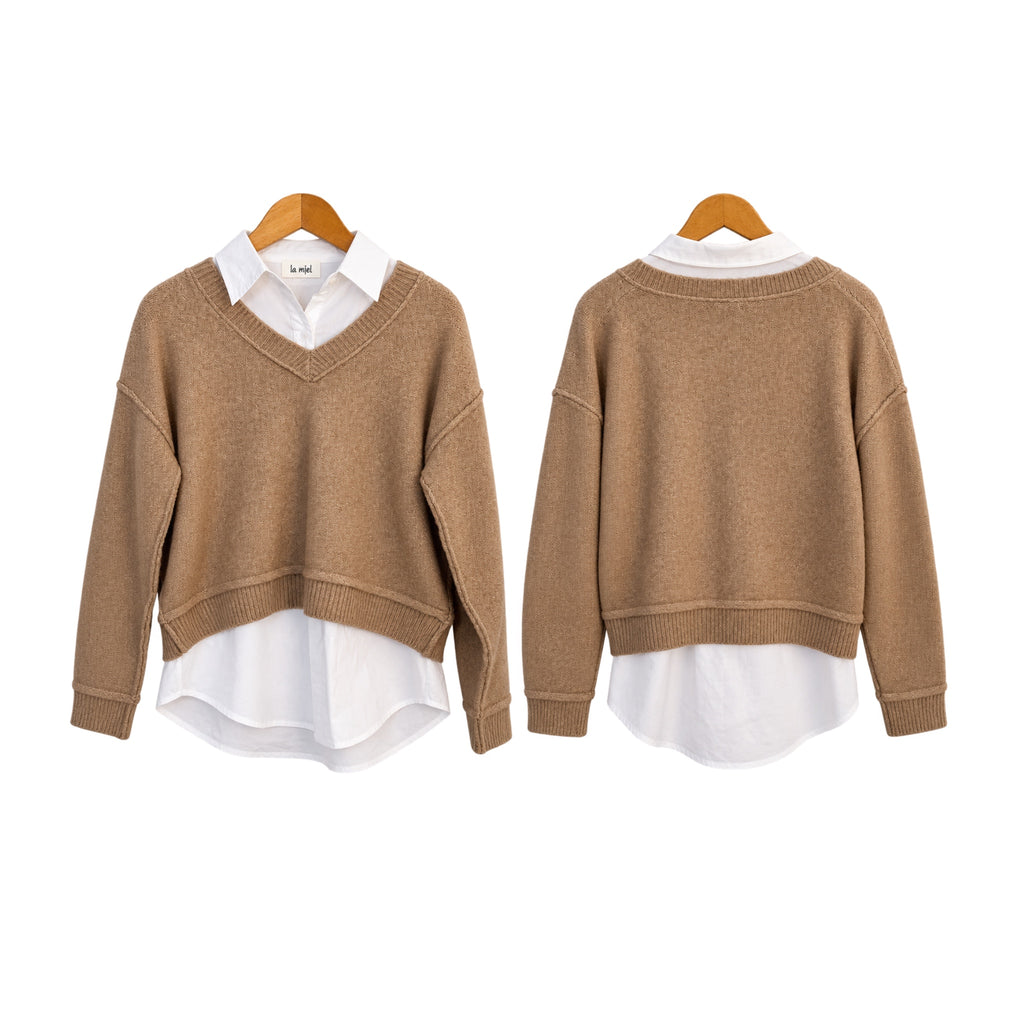 La Miel Preppy Lady 2-Piece Camel Sweater & White Button-Down Shirt Set