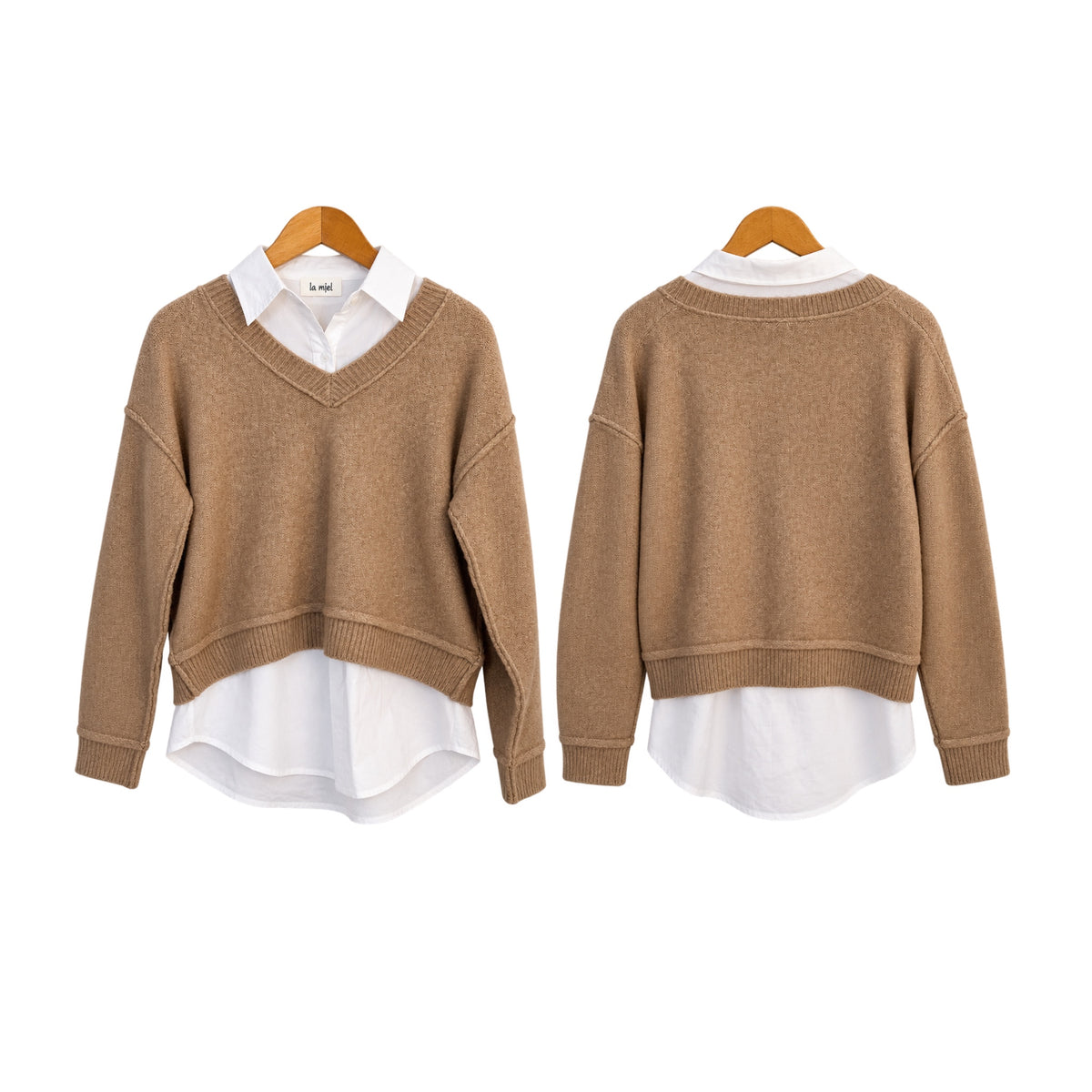 La Miel Preppy Lady 2-Piece Camel Sweater & White Button-Down Shirt Set