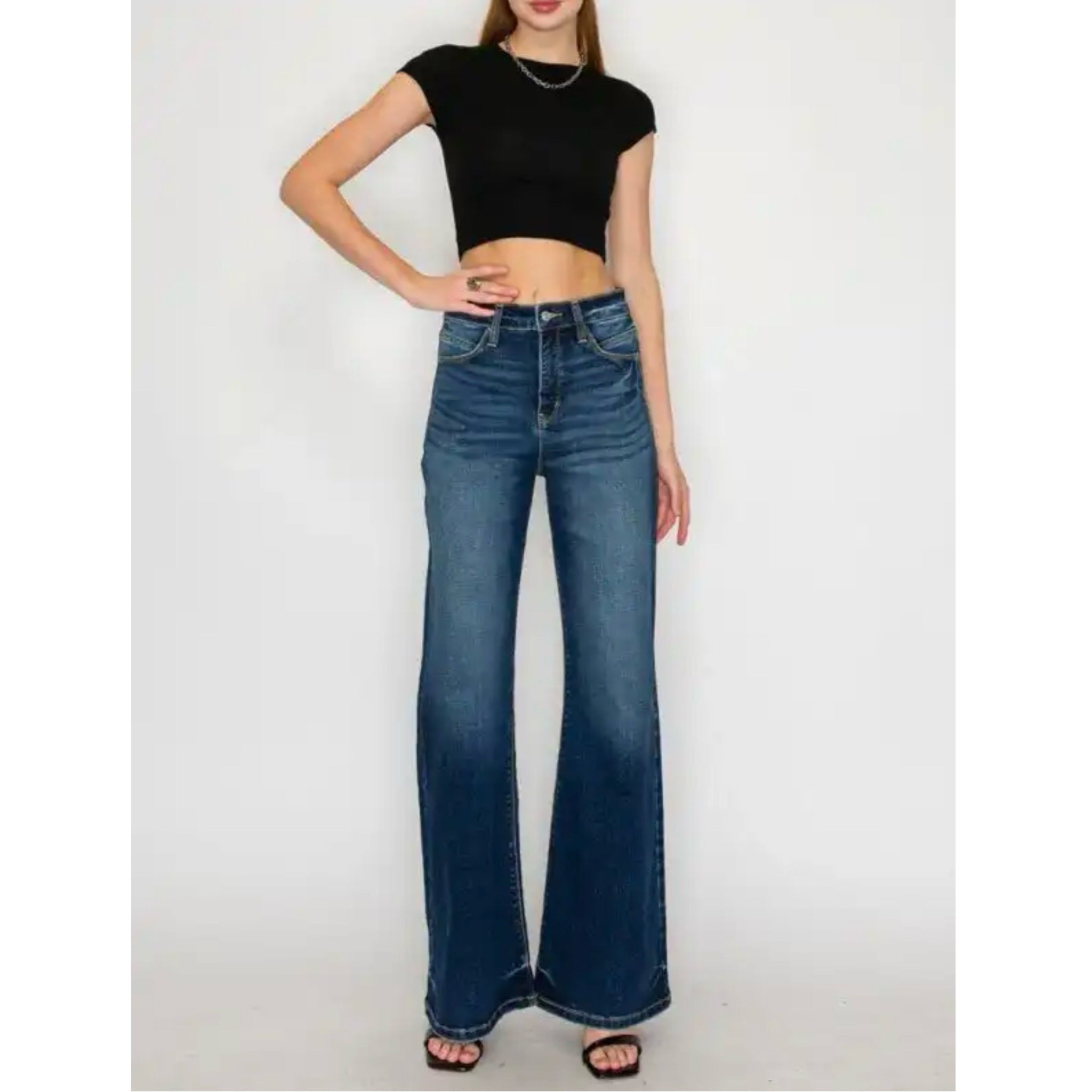 ARTEMIS VINTAGE High Rise Holly Flare Jeans Stretch Denim in Dark Wash