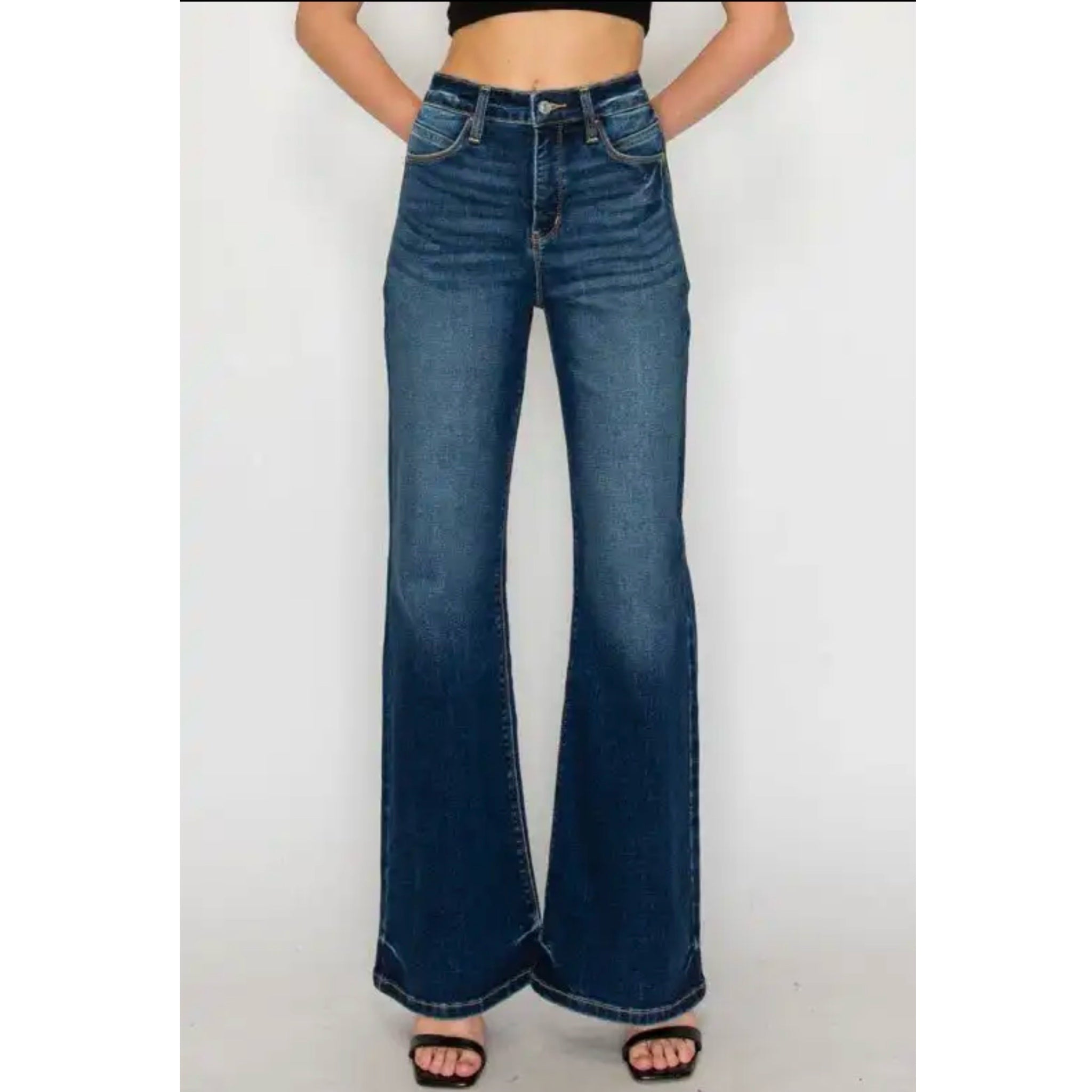 ARTEMIS VINTAGE High Rise Holly Flare Jeans Stretch Denim in Dark Wash