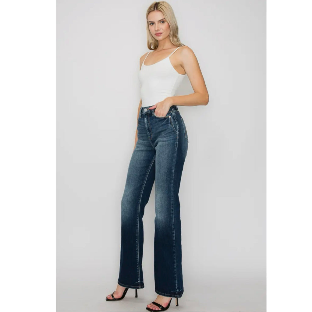ARTEMIS VINTAGE High Rise Holly Flare Jeans Stretch Denim in Dark Wash