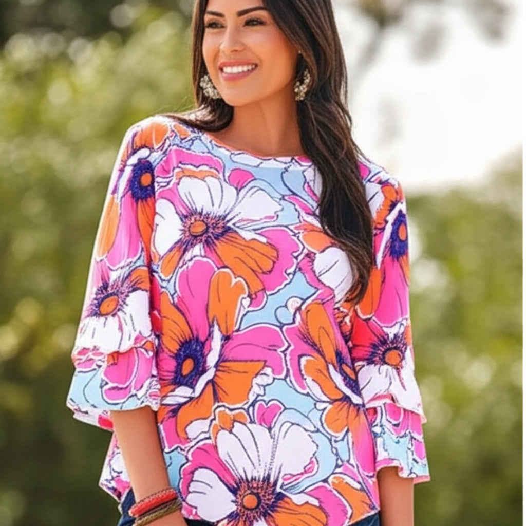 RUBY RD Pink Tropical Floral Blouse 3/4 Flutter Sleeve Top