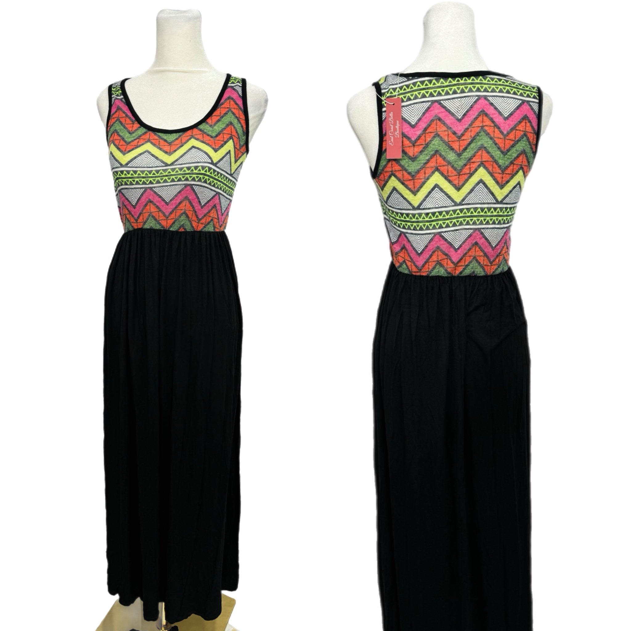 42POPS Boho Geometric Maxi Sleeveless Tank Dress Zip Zag Knit USA Made