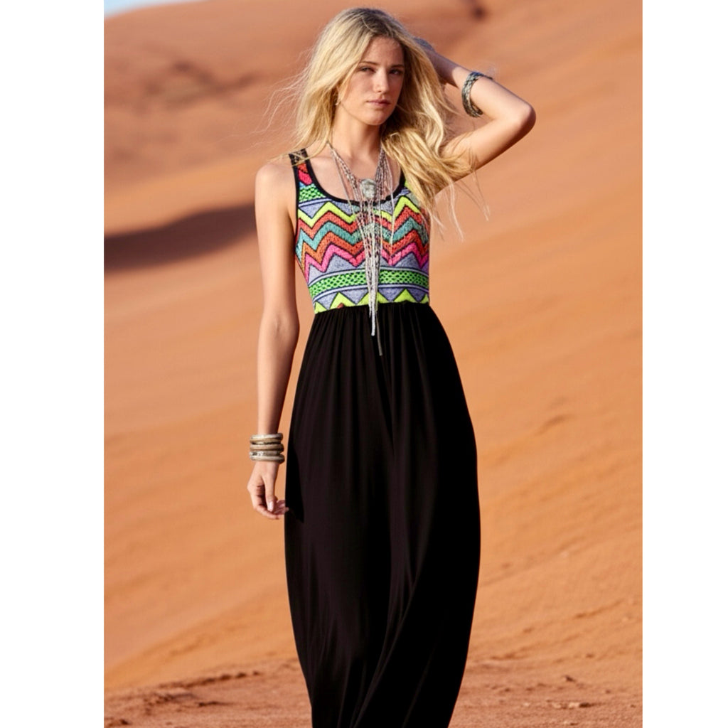 42POPS Boho Geometric Maxi Sleeveless Tank Dress Zip Zag Knit USA Made