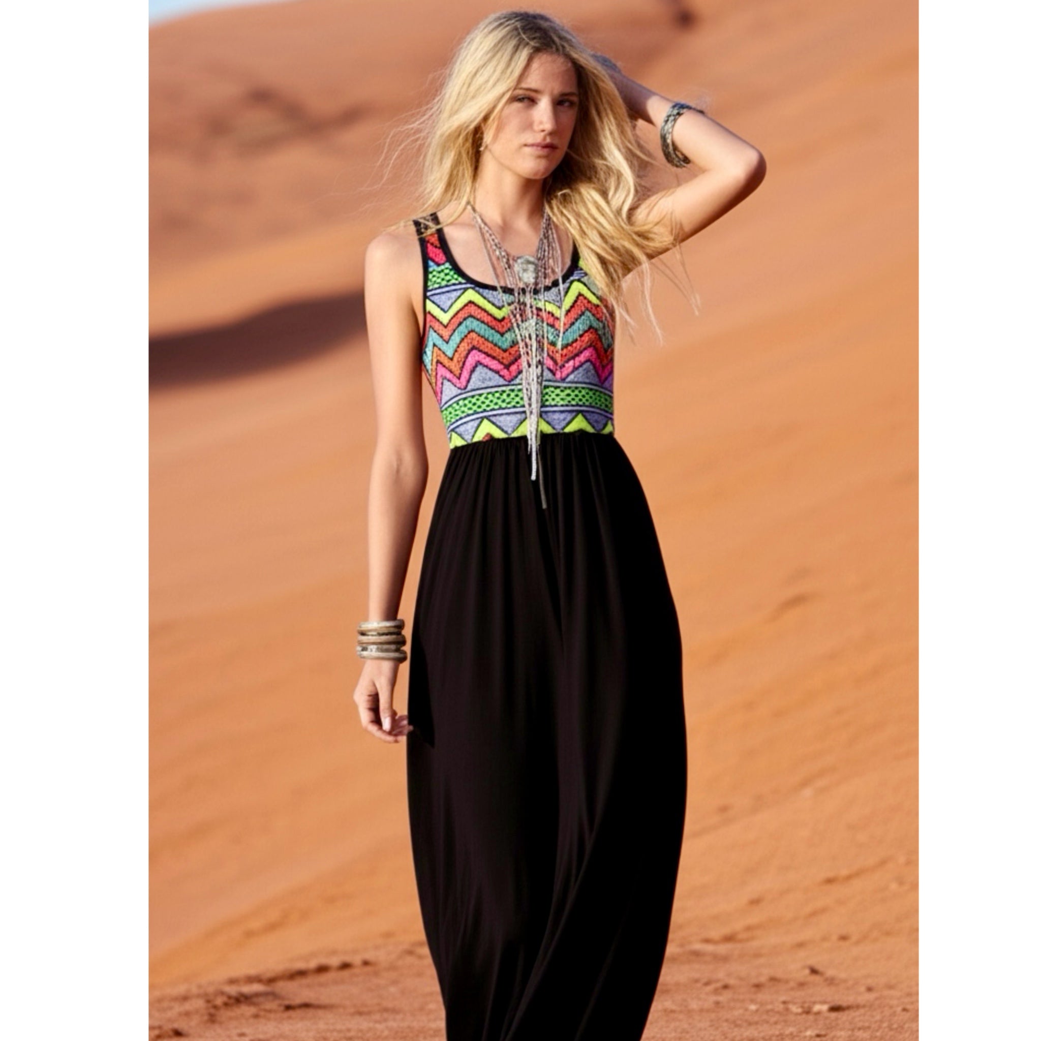 42POPS Boho Geometric Maxi Sleeveless Tank Dress Zip Zag Knit USA Made