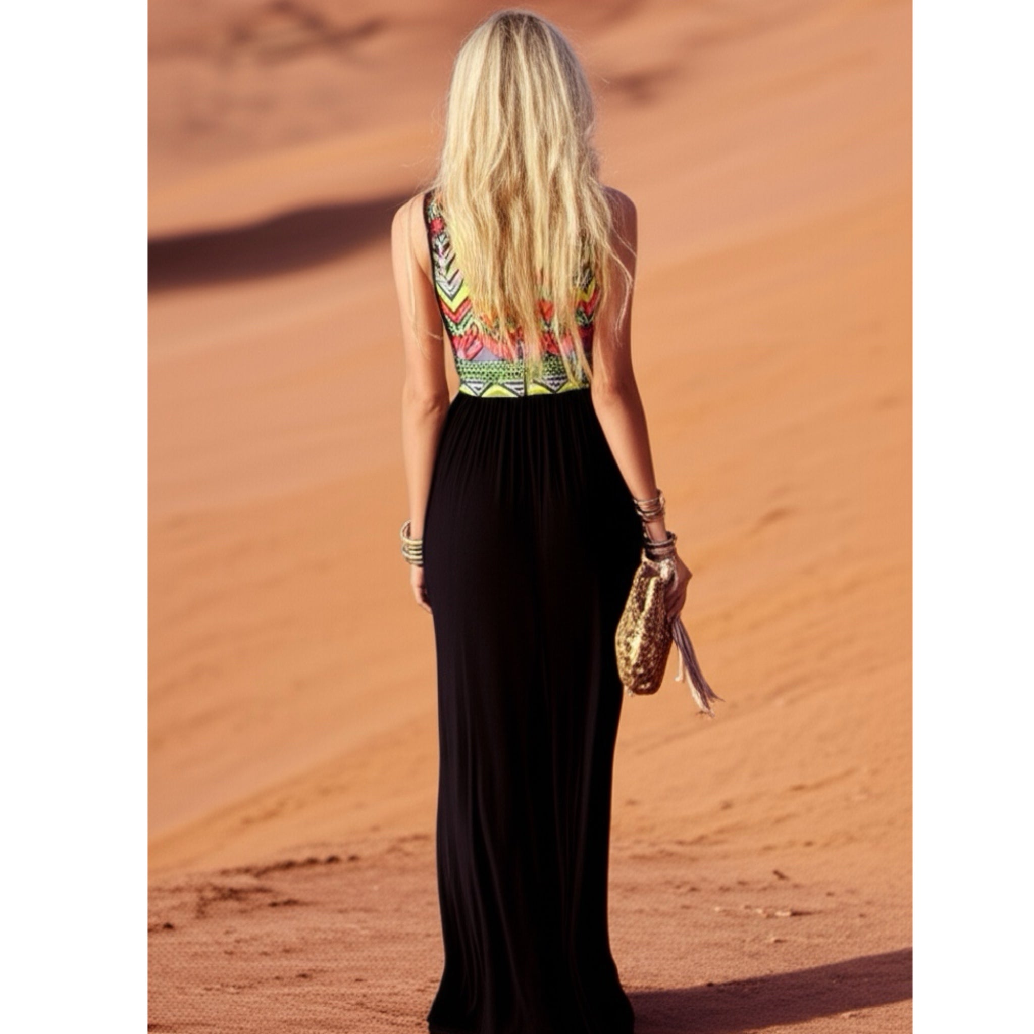 42POPS Boho Geometric Maxi Sleeveless Tank Dress Zip Zag Knit USA Made
