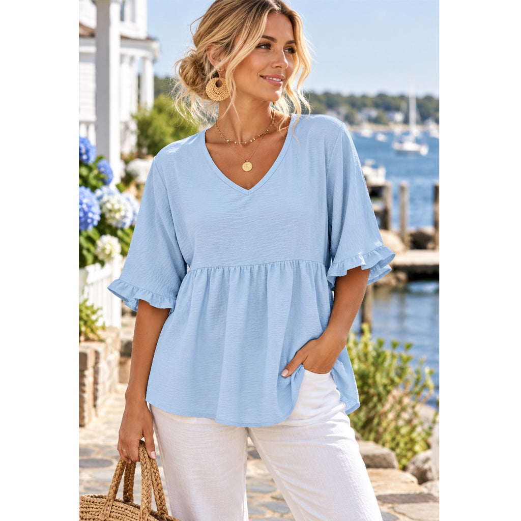 Textured Ruffle Gathered Top Short Sleeve V Neck Blouse
