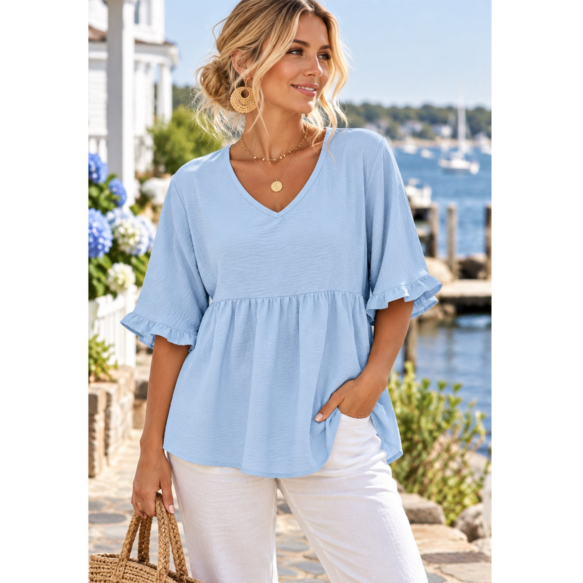 Textured Ruffle Gathered Top Short Sleeve V Neck Blouse