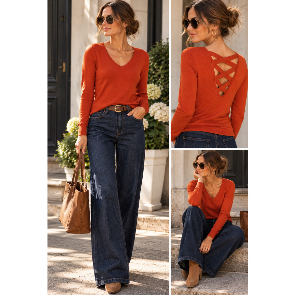 LOVE ELLIE Stitch Fix V Neck Light Sweater Crisscross in Autumn Rust
