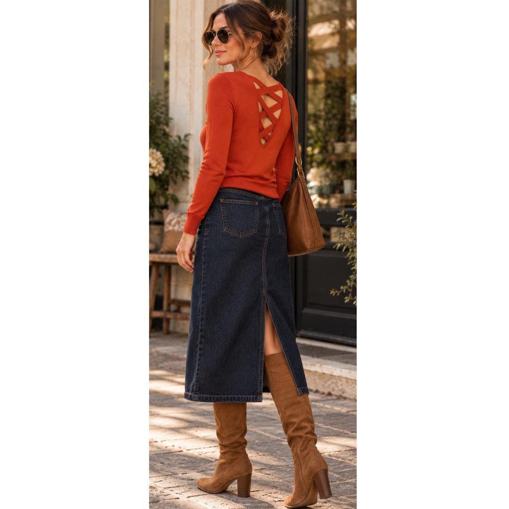 LOVE ELLIE Stitch Fix V Neck Light Sweater Crisscross in Autumn Rust