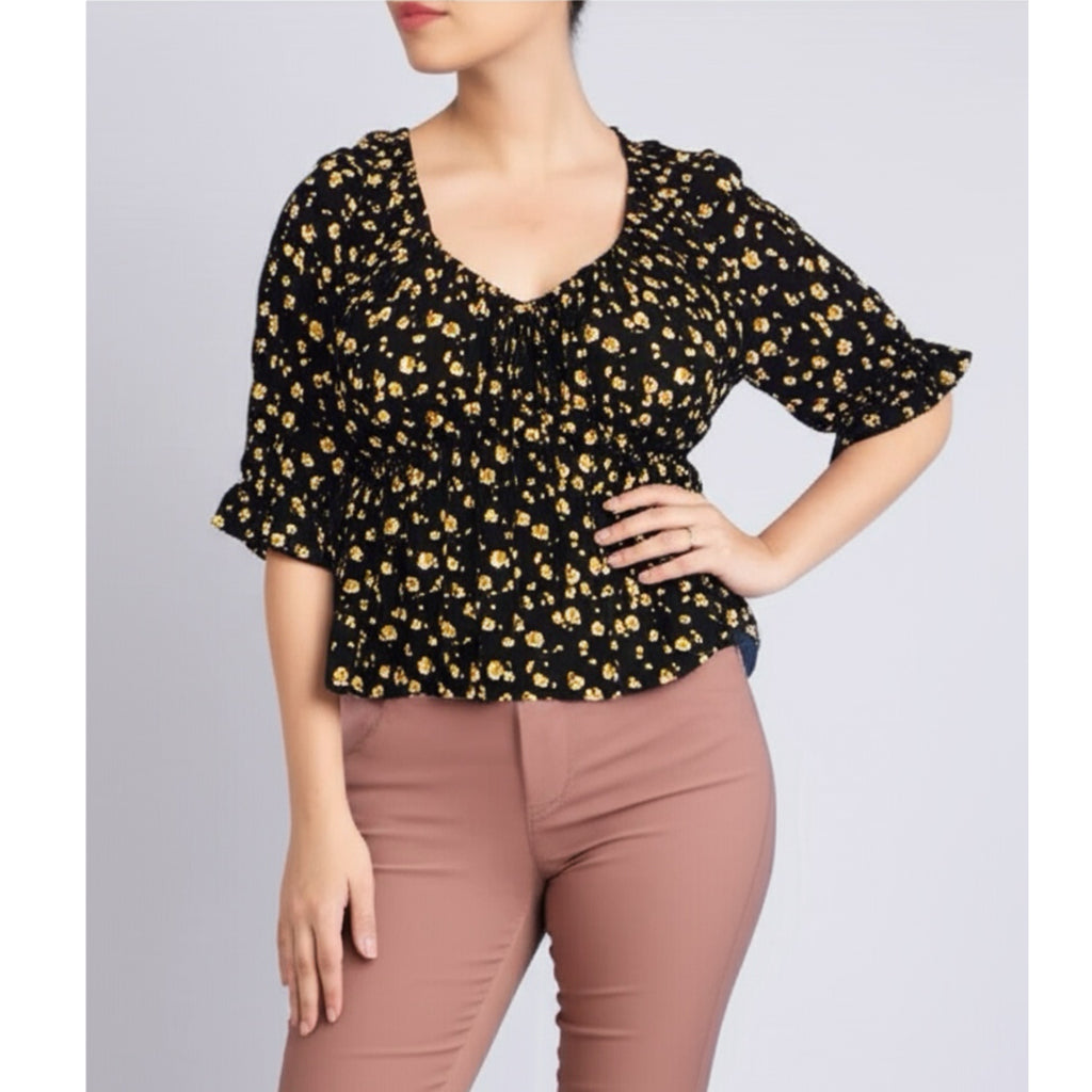 Mason & Belle Cropped Blouse Short Sleeve Off Shoulder Black Floral Top