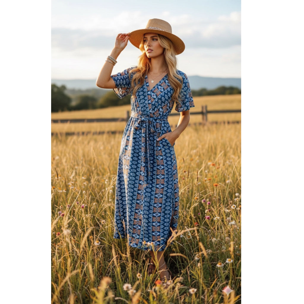 HAPTICS Navy Boho Summer Print Surplice Sash Belt Midi Dress