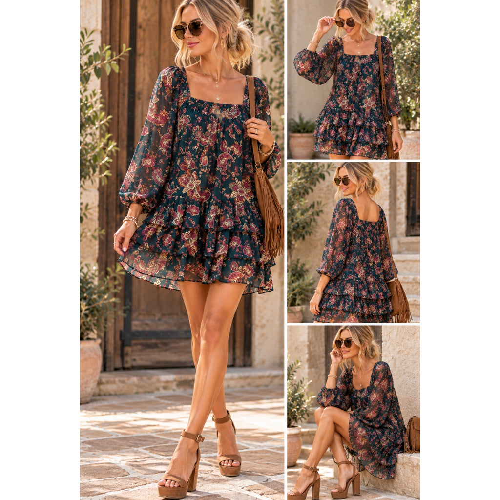 BAND OF THE FREE Mandy Floral Pine Berry Sheer Sleeve Dress Ruffle Hem