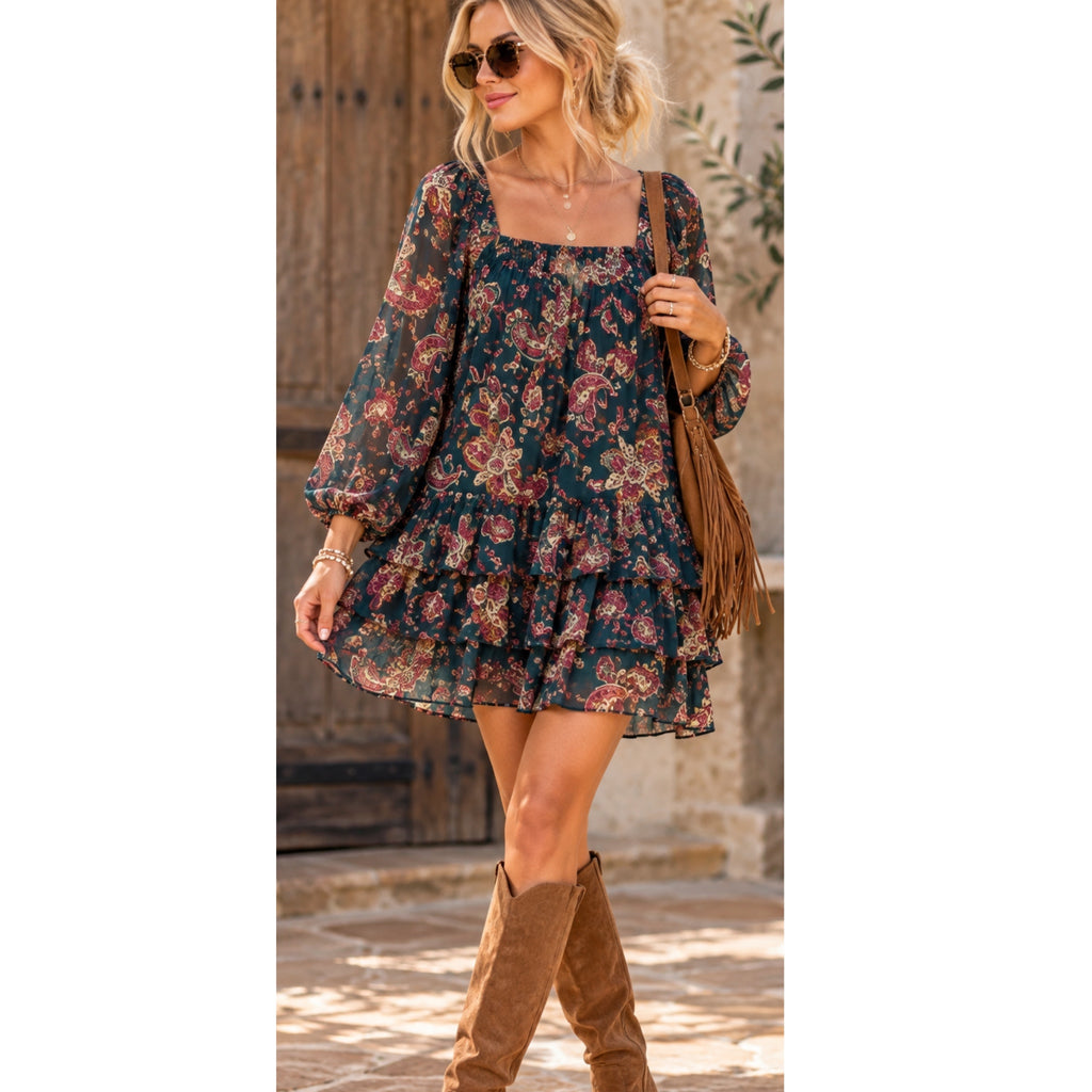 BAND OF THE FREE Mandy Floral Pine Berry Sheer Sleeve Dress Ruffle Hem