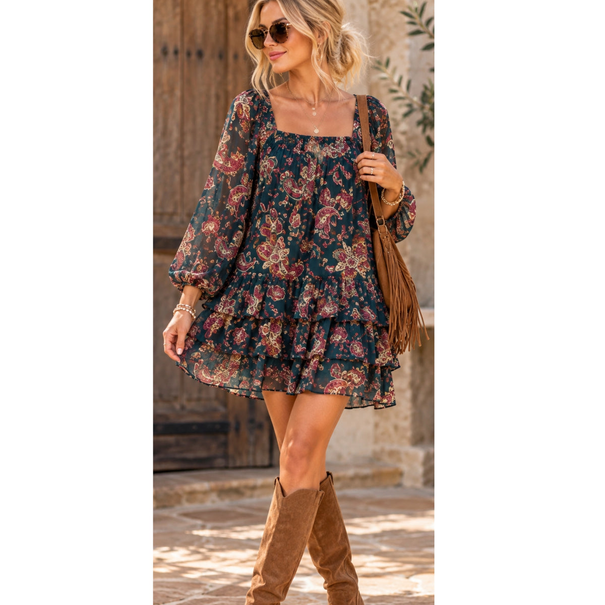 BAND OF THE FREE Mandy Floral Pine Berry Sheer Sleeve Dress Ruffle Hem