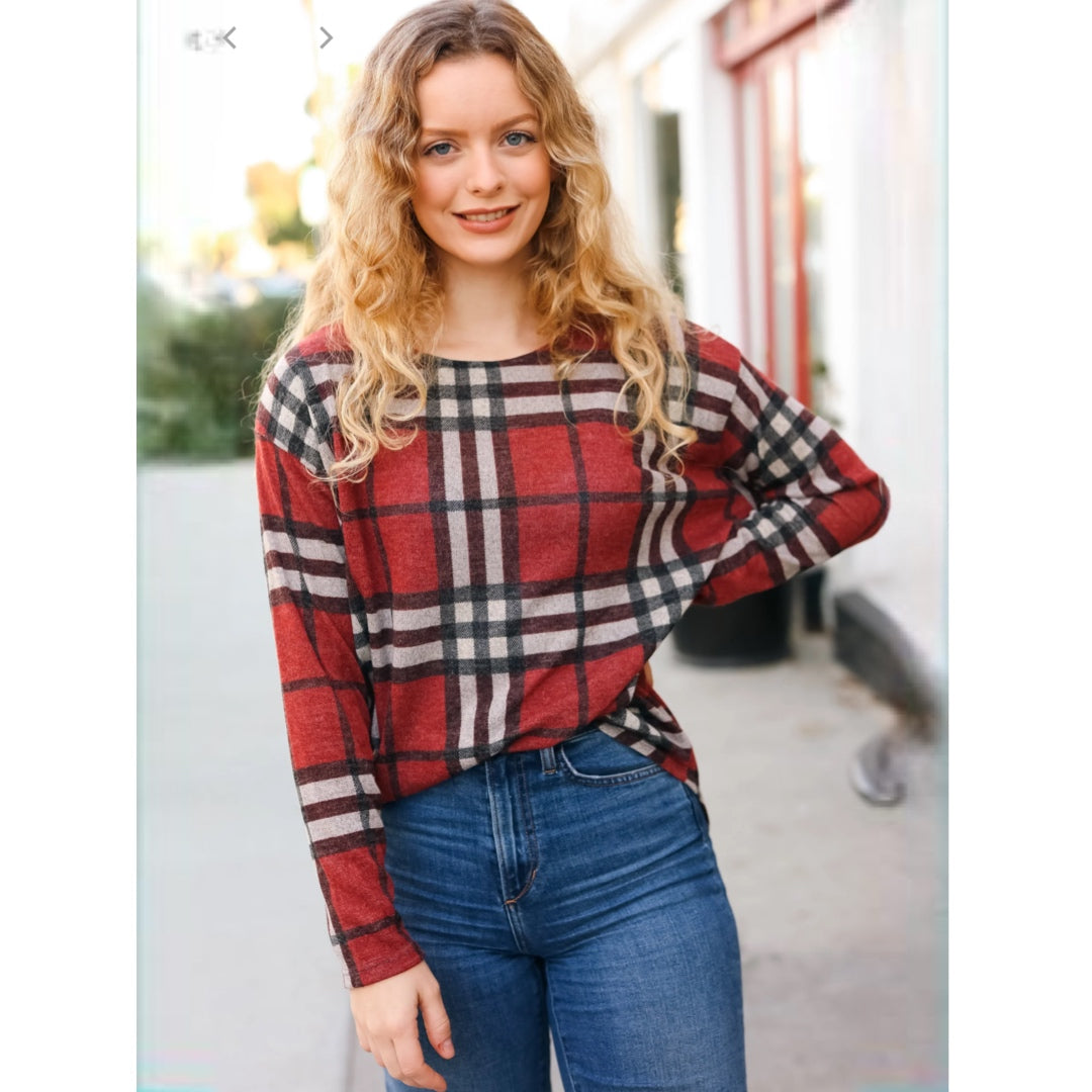 FIRST LOVE by Lovelyn Autumn Rust Plaid Light Knit Top Sweater S, M, L