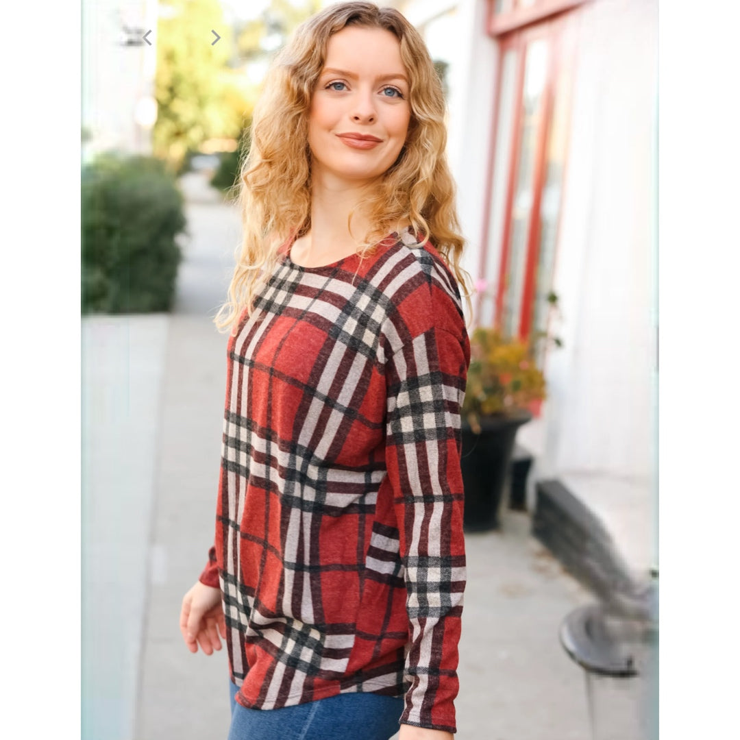 FIRST LOVE by Lovelyn Autumn Rust Plaid Light Knit Top Sweater S, M, L