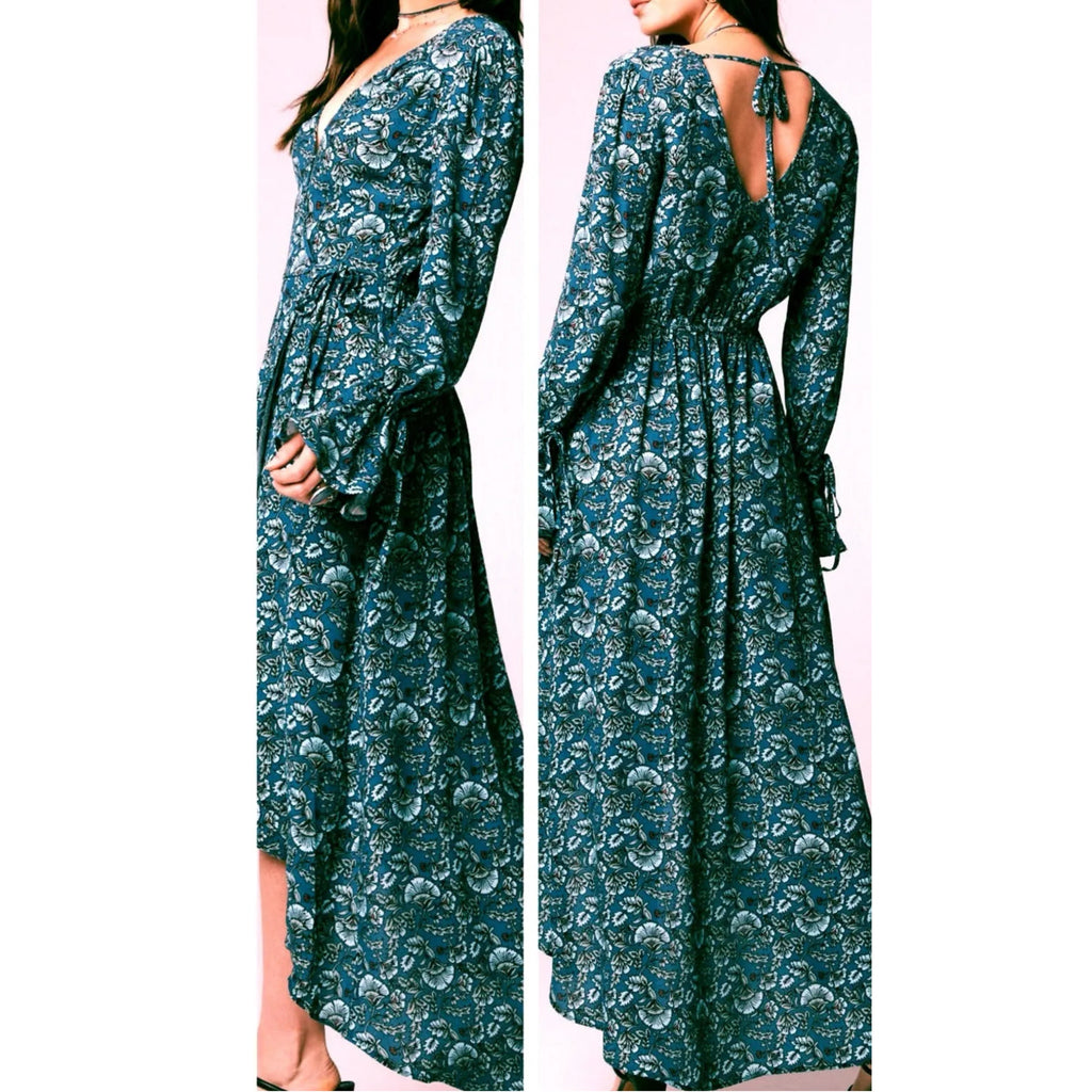 B.O.G. Collective Band Of The Free Jewel Teal Floral Wrap Maxi Dress