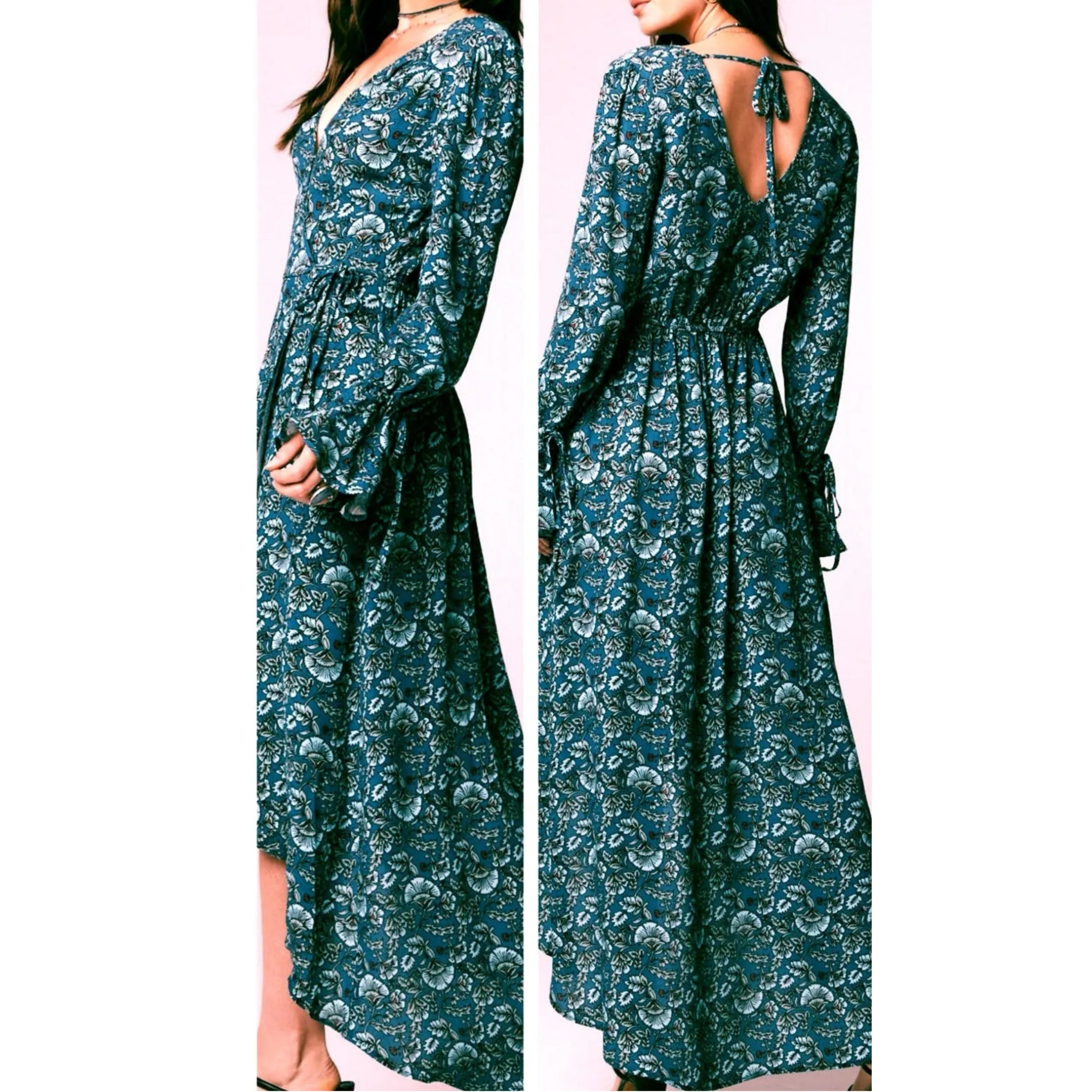 B.O.G. Collective Band Of The Free Jewel Teal Floral Wrap Maxi Dress