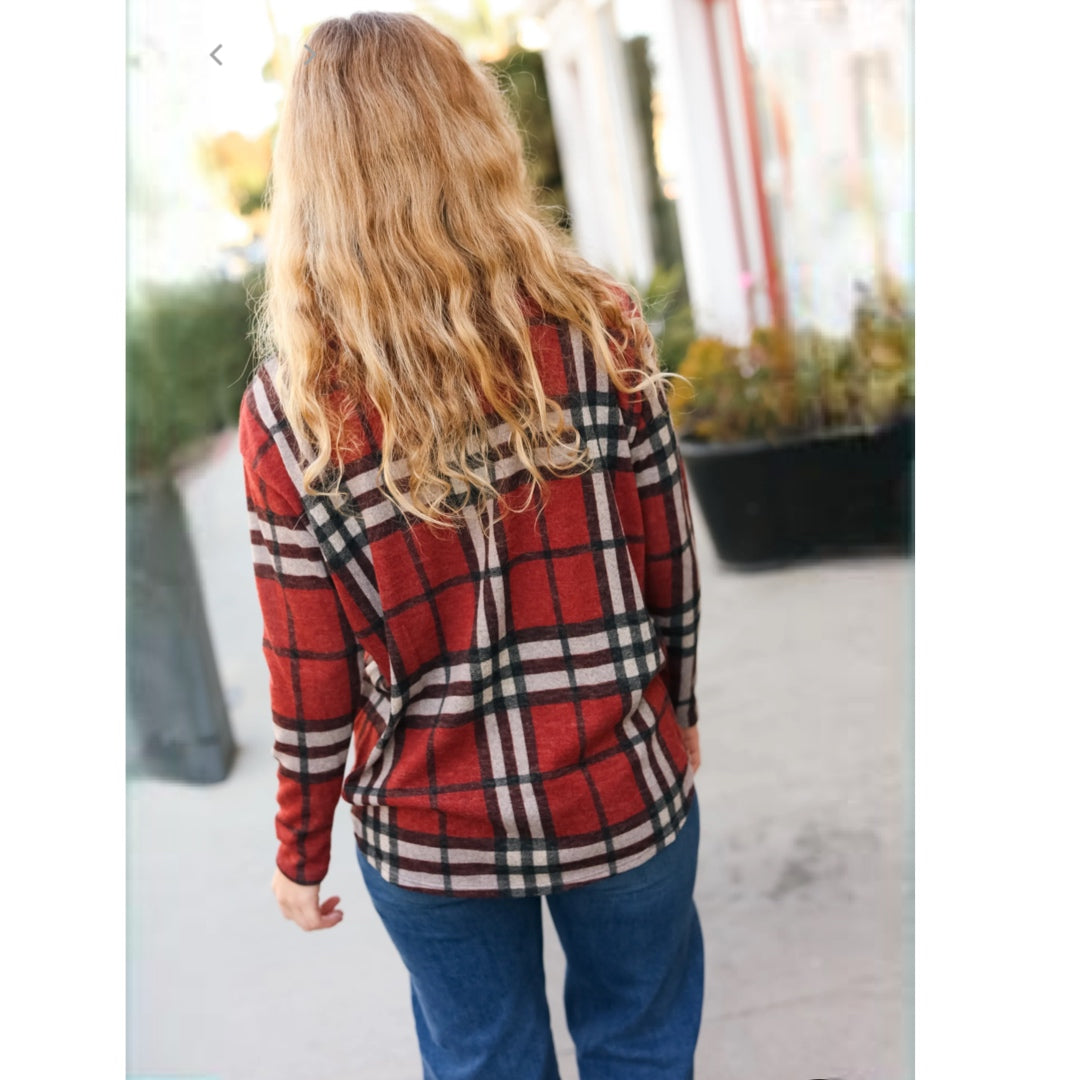 FIRST LOVE by Lovelyn Autumn Rust Plaid Light Knit Top Sweater S, M, L