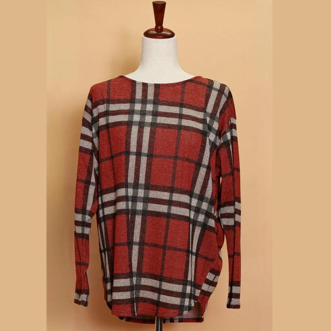 FIRST LOVE by Lovelyn Autumn Rust Plaid Light Knit Top Sweater S, M, L