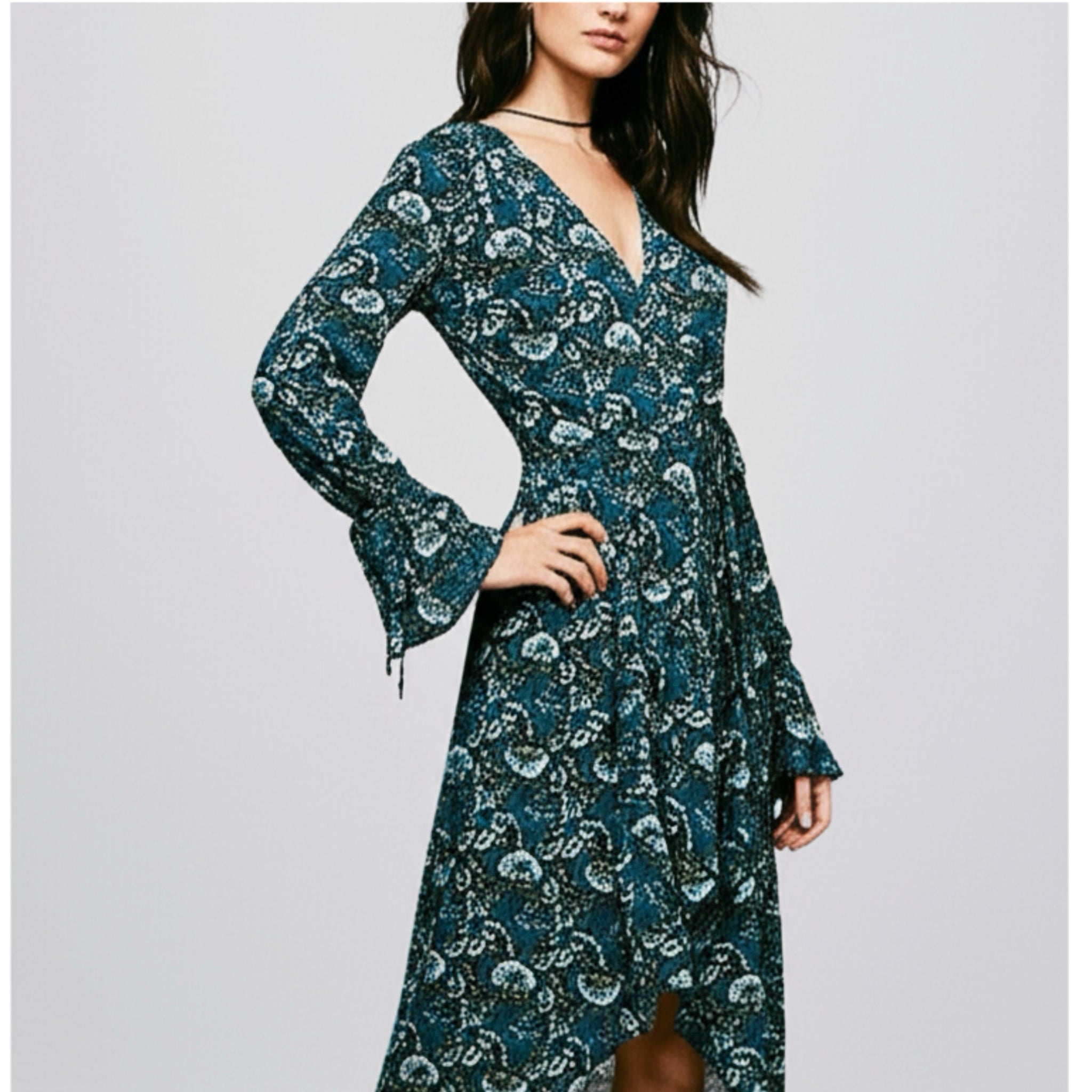 B.O.G. Collective Band Of The Free Jewel Teal Floral Wrap Maxi Dress