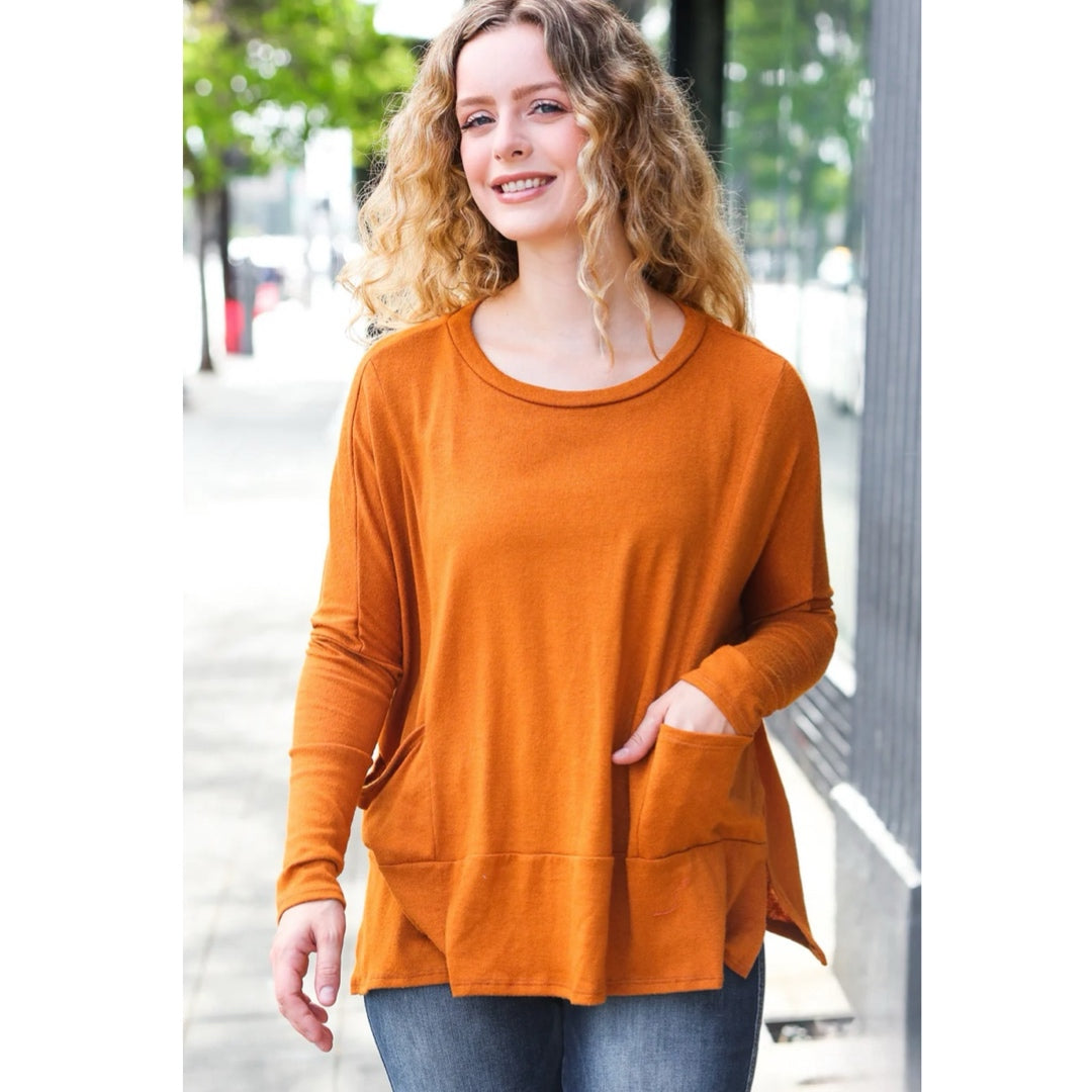 HAPTICS by Holly Harper Rust Hacci Dolman Pocketed Sweater Knit Long Sleeve Top