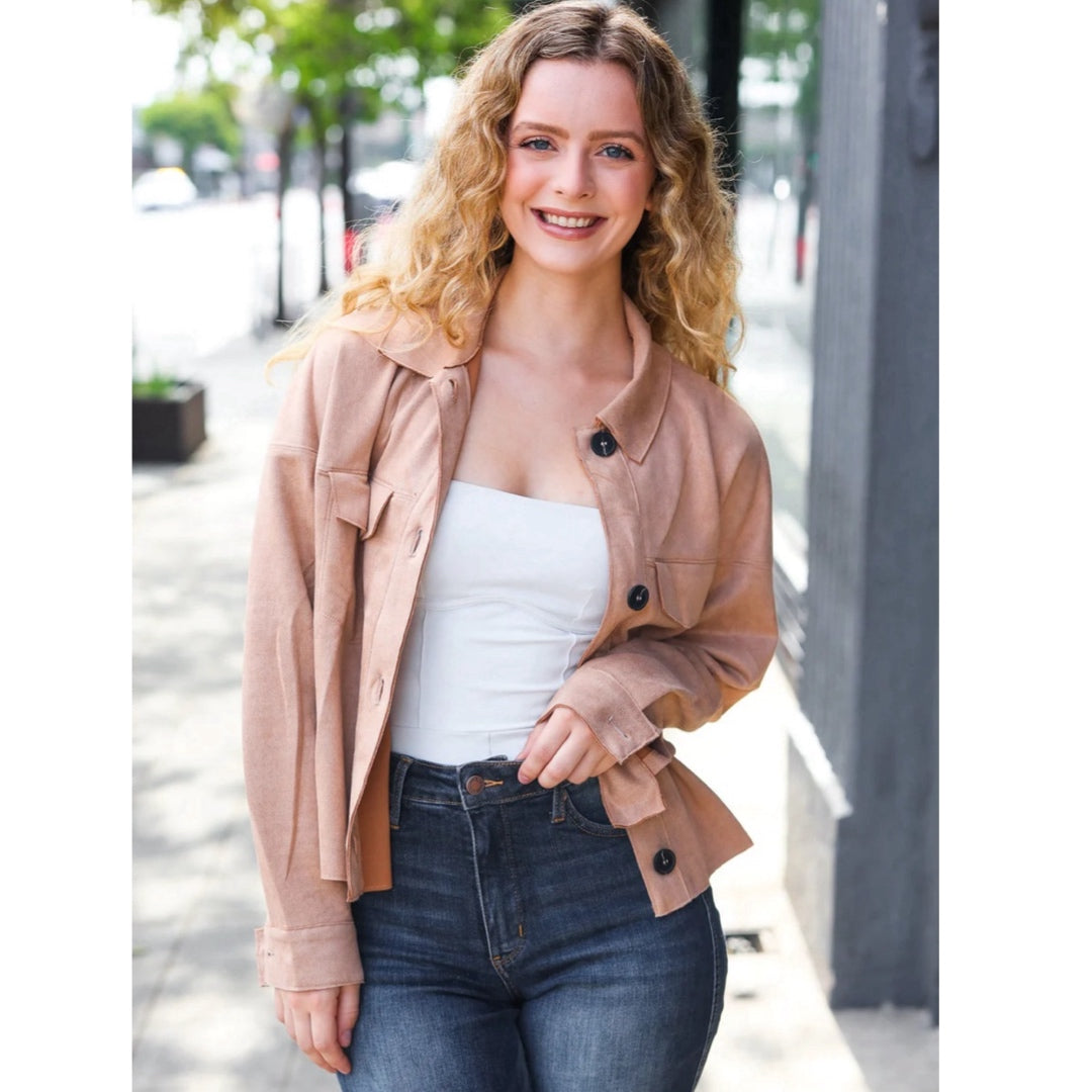 Feel Your Best Faux Suede Cropped Boxy Fit Light Jacket in Camel Beige