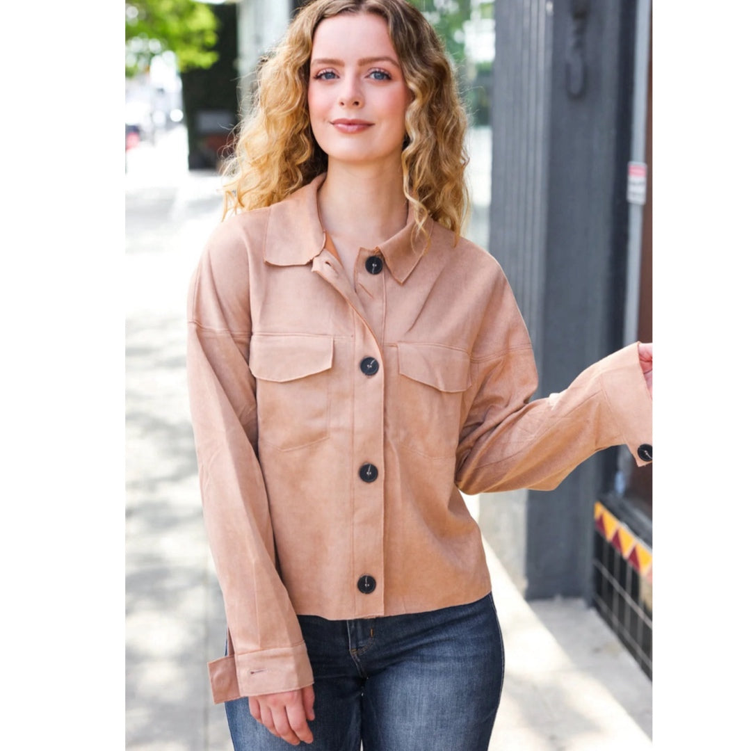 Feel Your Best Faux Suede Cropped Boxy Fit Light Jacket in Camel Beige