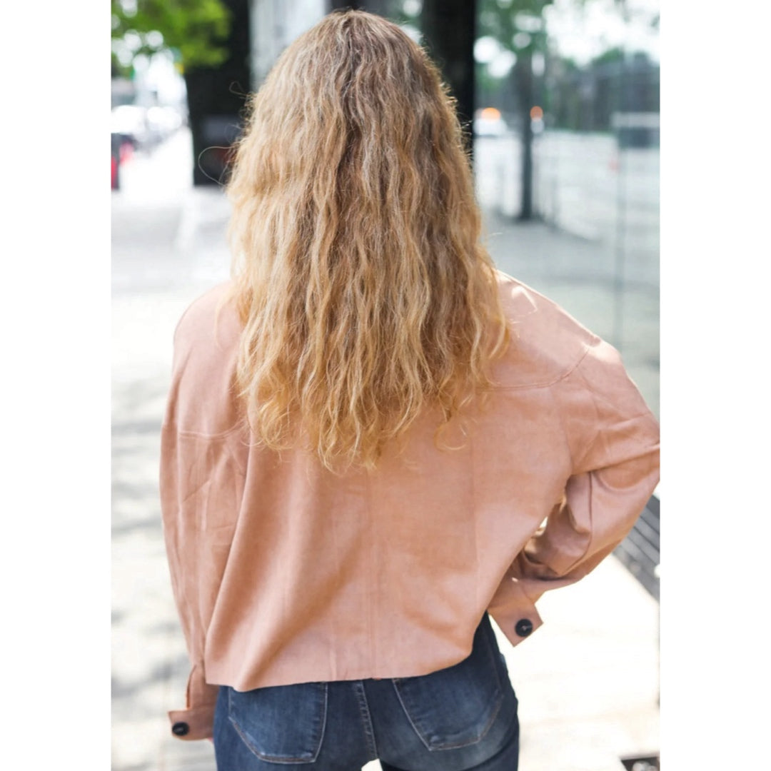 Feel Your Best Faux Suede Cropped Boxy Fit Light Jacket in Camel Beige